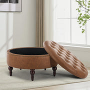 obmedin 31.5" Large Round Storage Ottoman, Upholstered Tufted PU Ottoman Coffee Table, Large Footrest with Solid Wooden Legs and Nailheads, Side Table for Living Room Bedroom Office, Brown