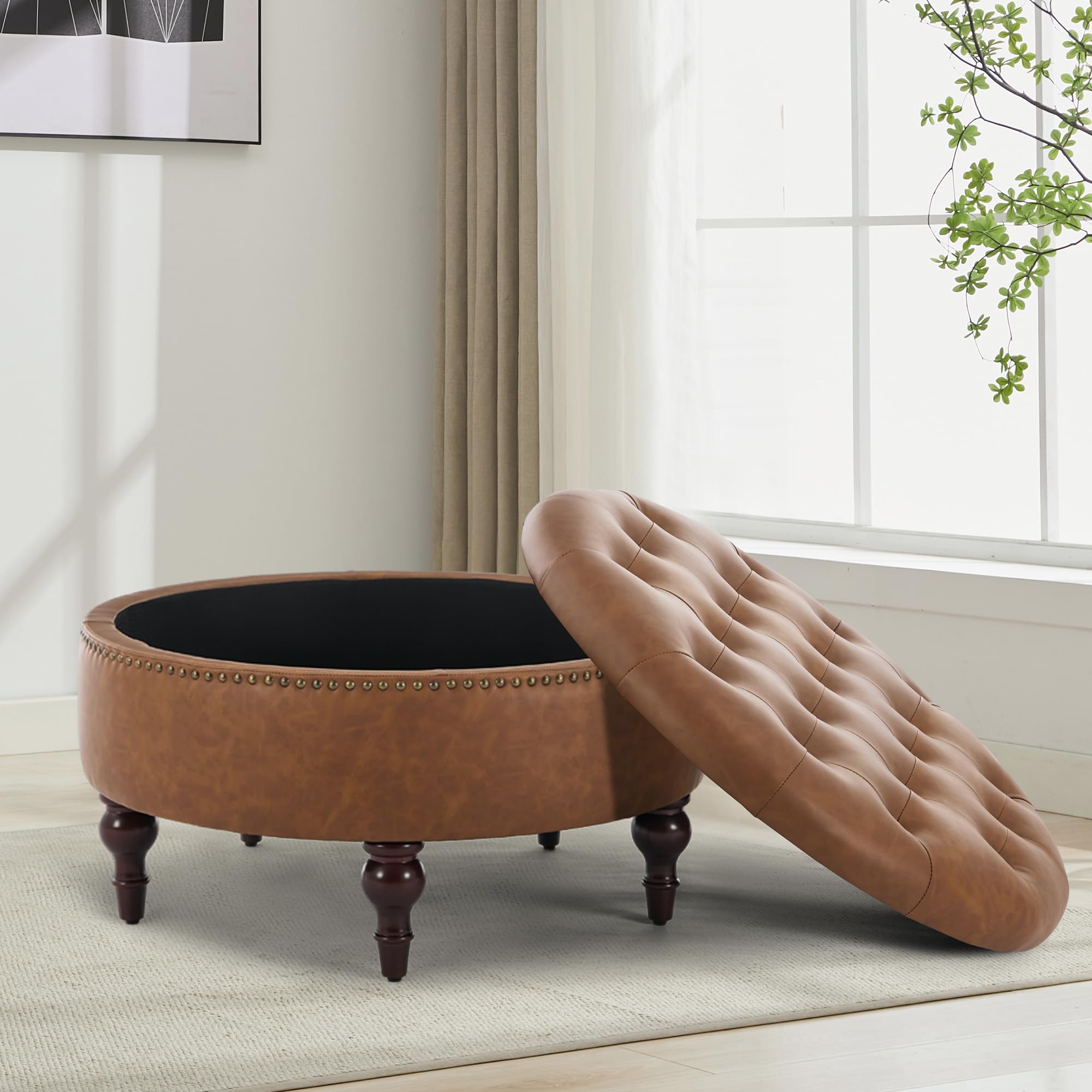obmedin 31.5" Large Round Storage Ottoman, Upholstered Tufted PU Ottoman Coffee Table, Large Footrest with Solid Wooden Legs and Nailheads, Side Table for Living Room Bedroom Office, Brown