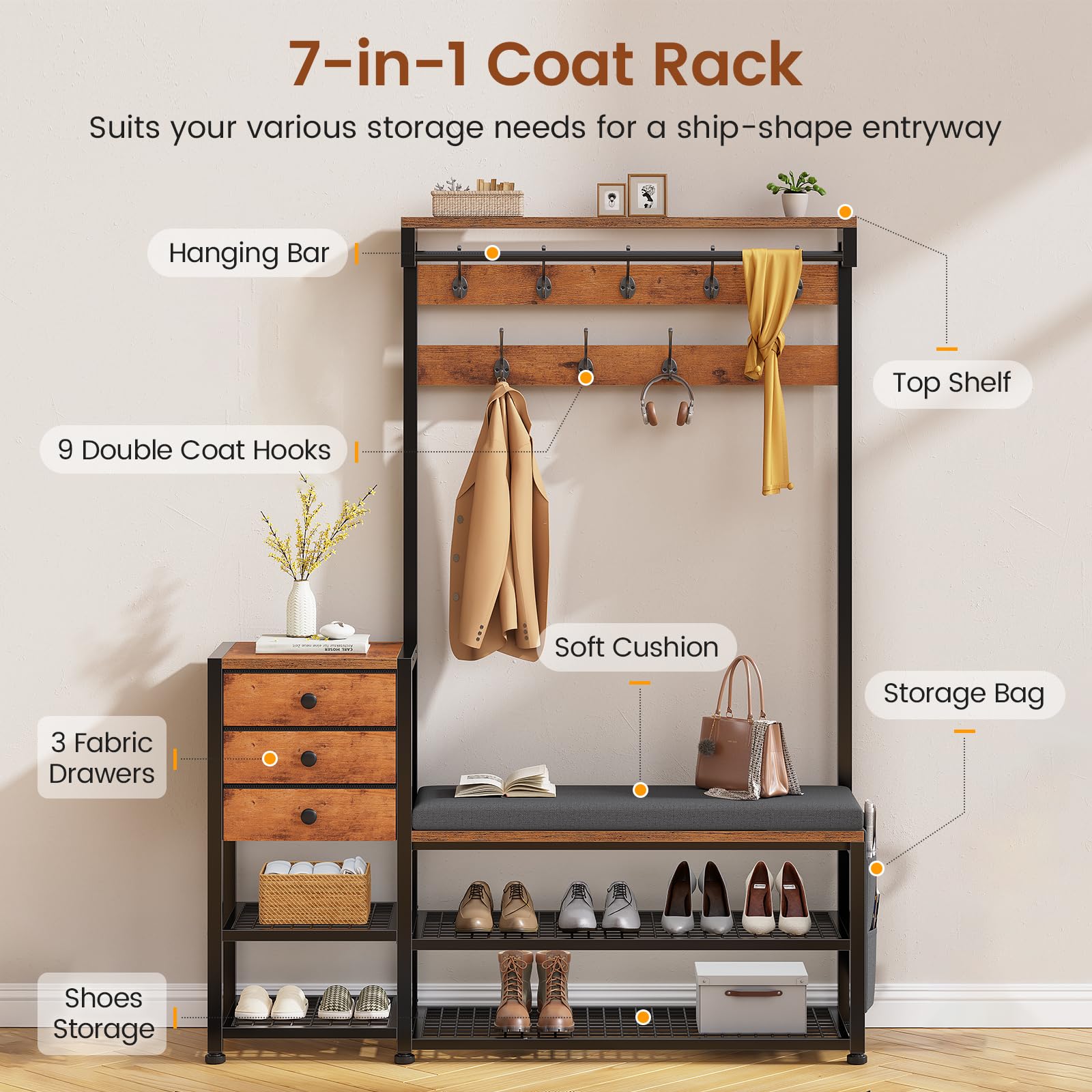 5-in-1 Hall Tree with Bench & Shoe Storage