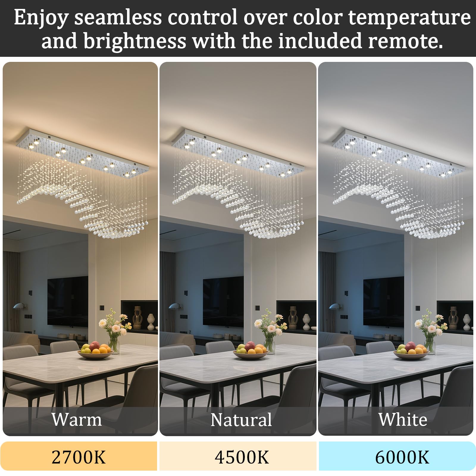 Modern Rectangle Crystal Raindrop Chandelier: 47" Long Chrome Dimmable Led High Ceiling Chandeliers with Remote - Silver Wave Raindrop Flush Mount Ceiling Light Fixture for Dining Living Room Kitchen