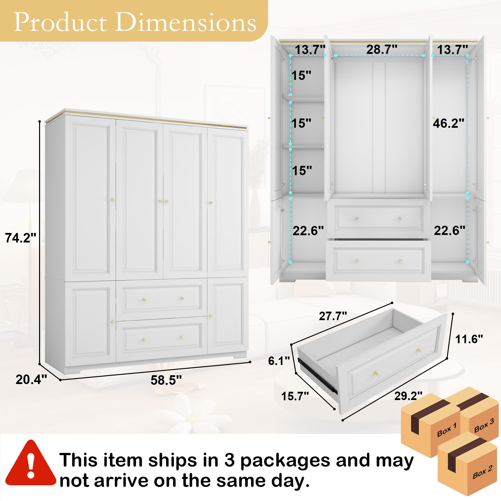 LABROSKIA White Wardrobe with 2 Drawers: 74" Large Wardrobe Closet for Hanging Clothes, Tall Armoire Closet with 4 Doors, Bedroom Armoires with Hanging Rod (59")