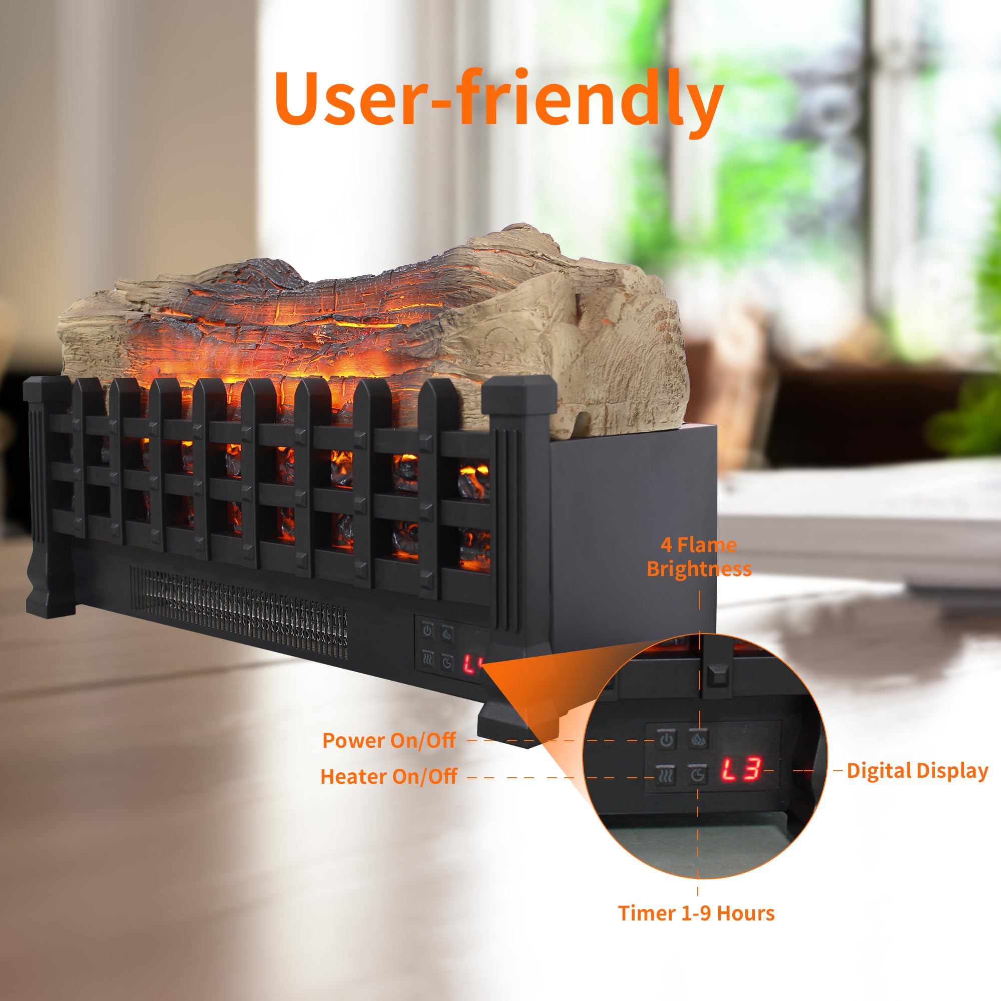 Innoflame 21" Electric Fireplace Log Set, Fireplace Insert with Realistic Flame, Adjustable Flame Brightness, Thermostat, 9H Timer, Remote Control, Overheating Protection, 1400W