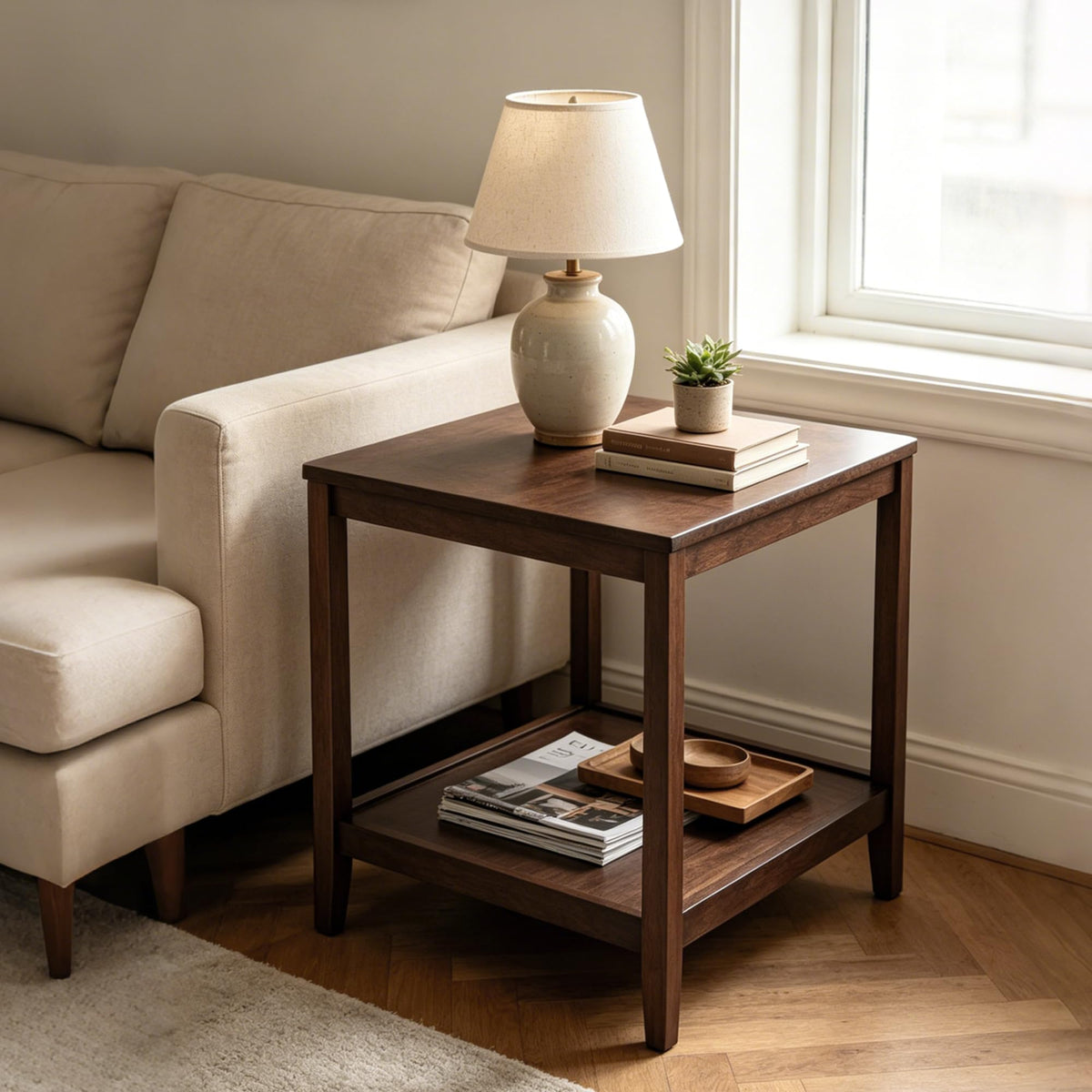 Kelvorvin Square Side Table, Solid Wood End Table 2-Tier Small Coffee Table