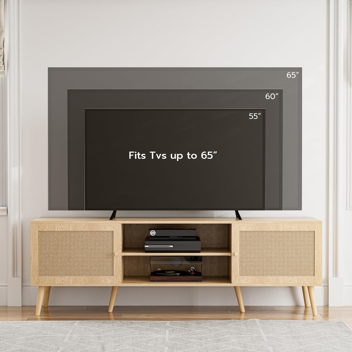 ZttRiee TV Stand with Rattan Doors for TVs up to 65", Mid-Century, Natural