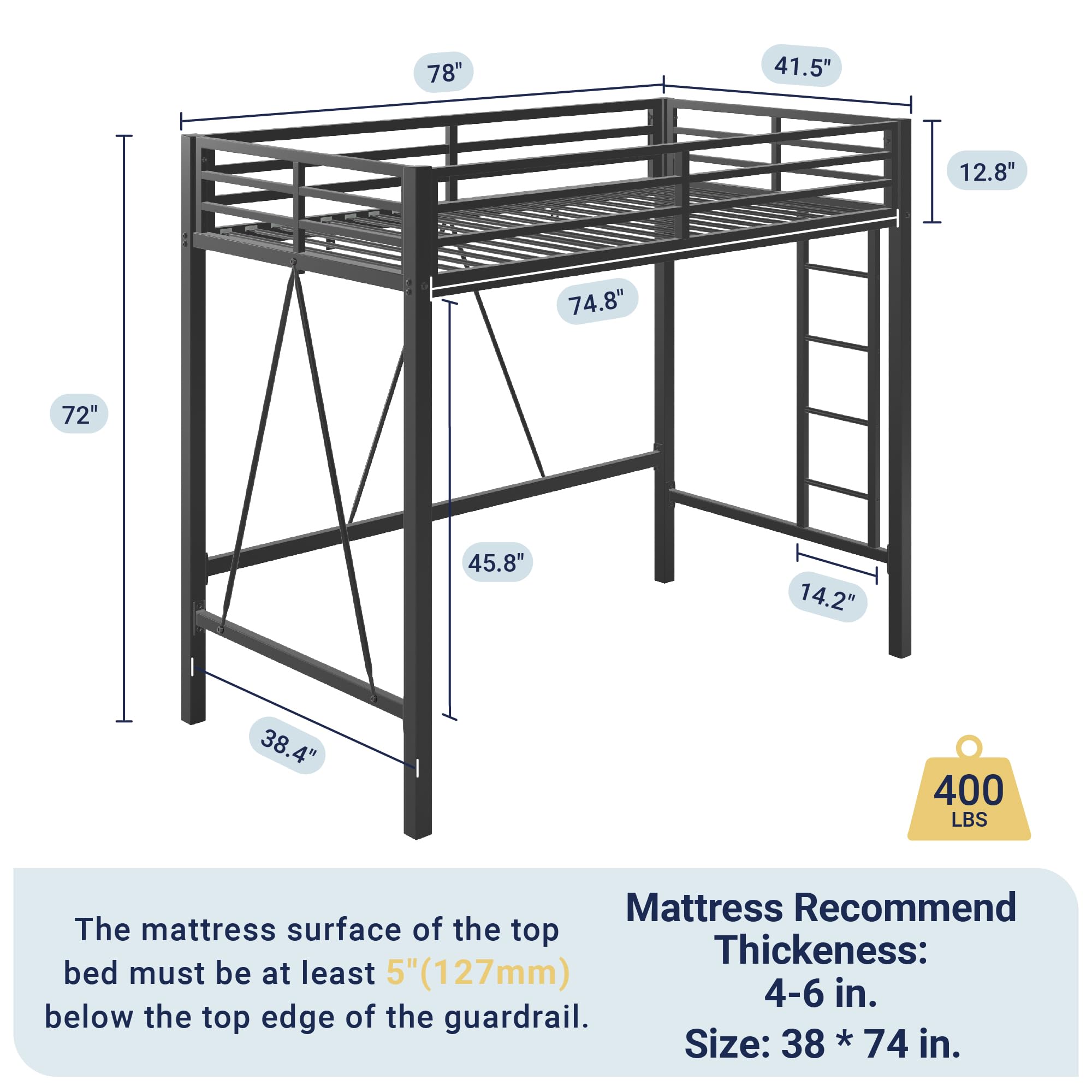 Twin Metal Loft Bed with Guardrail