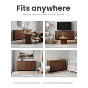 MALOL Fluted Sideboard Buffet Cabinet with Storage, 59" Wood Buffet Table with 4 3D-Checkerboard Doors & Adjustable Shelves, Kitchen Dining Room Coffee Bar Cabinet, Mid Century Modern Style, Walnut