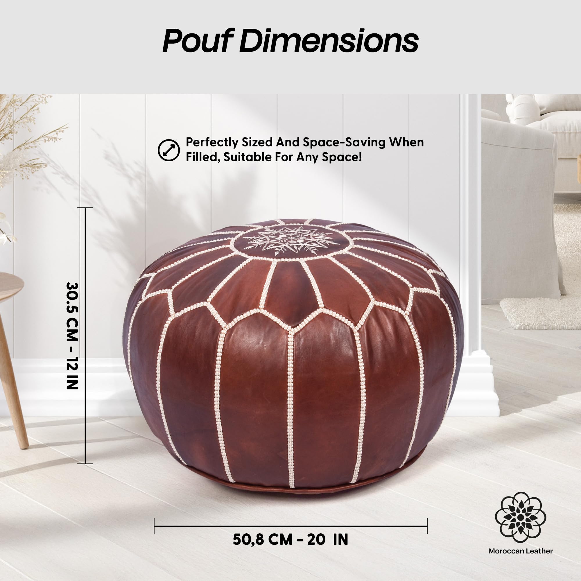 Moroccan Leather Handmade Pouf Ottoman Cover, Unstuffed Foot Stool, Round Boho Footrest for Living Room, Bedroom, Home Decor Gift (Dark Brown)