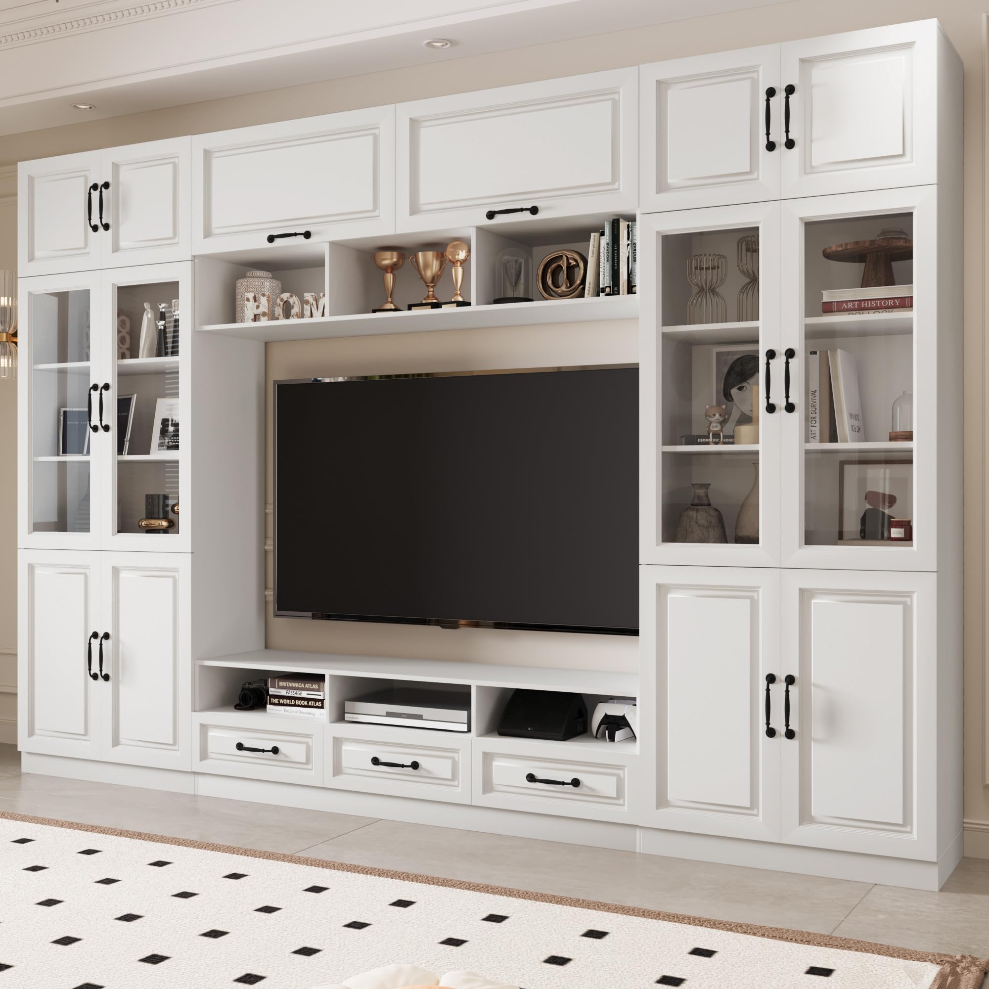 Mekminop 126" Entertainment Center Wall Unit with Glass Doors & Drawers, Large Wall Unit TV Stand for TVs up to 70", Media Console Table for Living Room, Can be Split into 4 Separate Cabinet, White