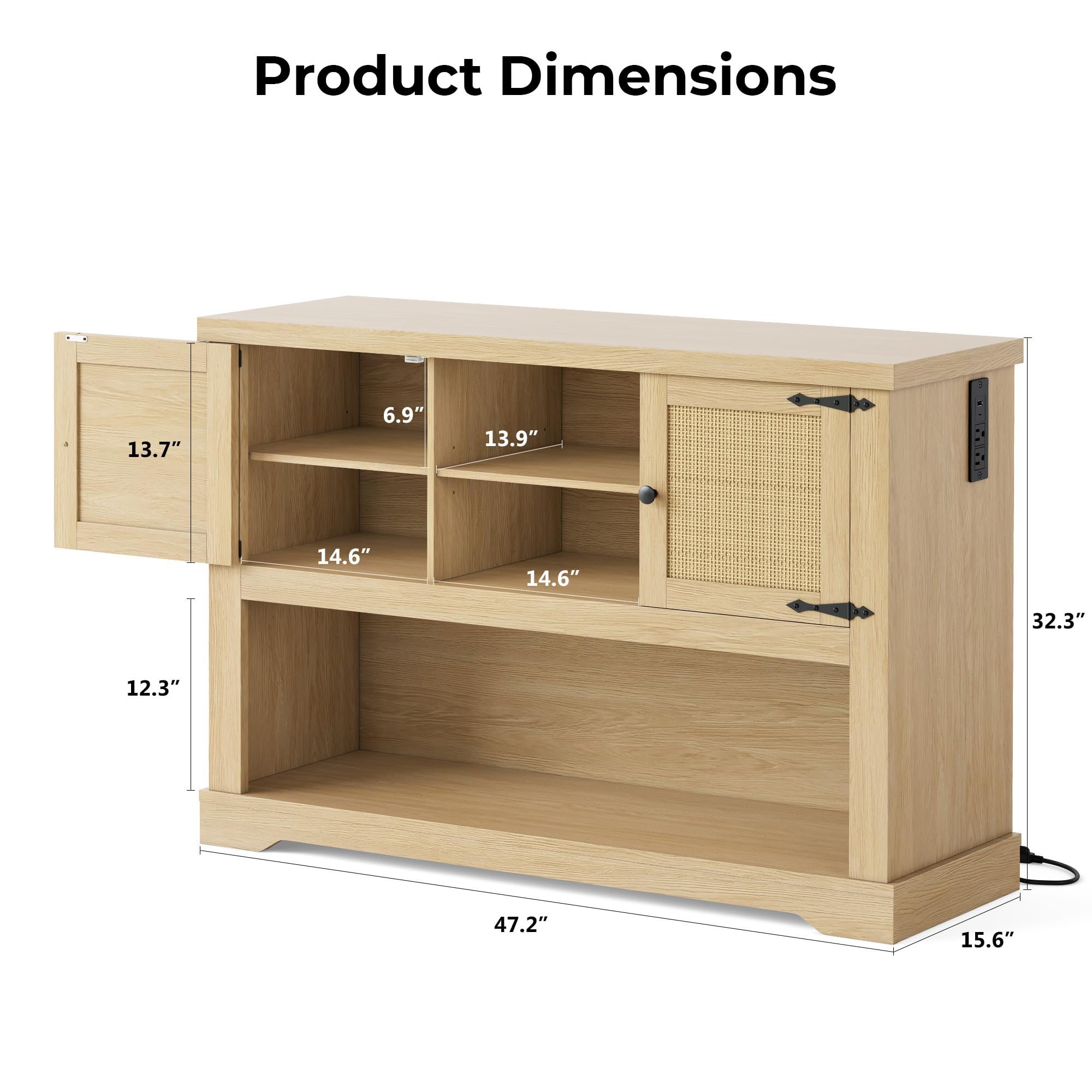 LIKIMIO Farmhouse Entryway Table with Power Outlets, 47.2" Rattan Console Table with Adjustable Storage Shelves & Rattan Doors Cabinet, Sofa Table for Entry, Living Room, Hallway, Natural