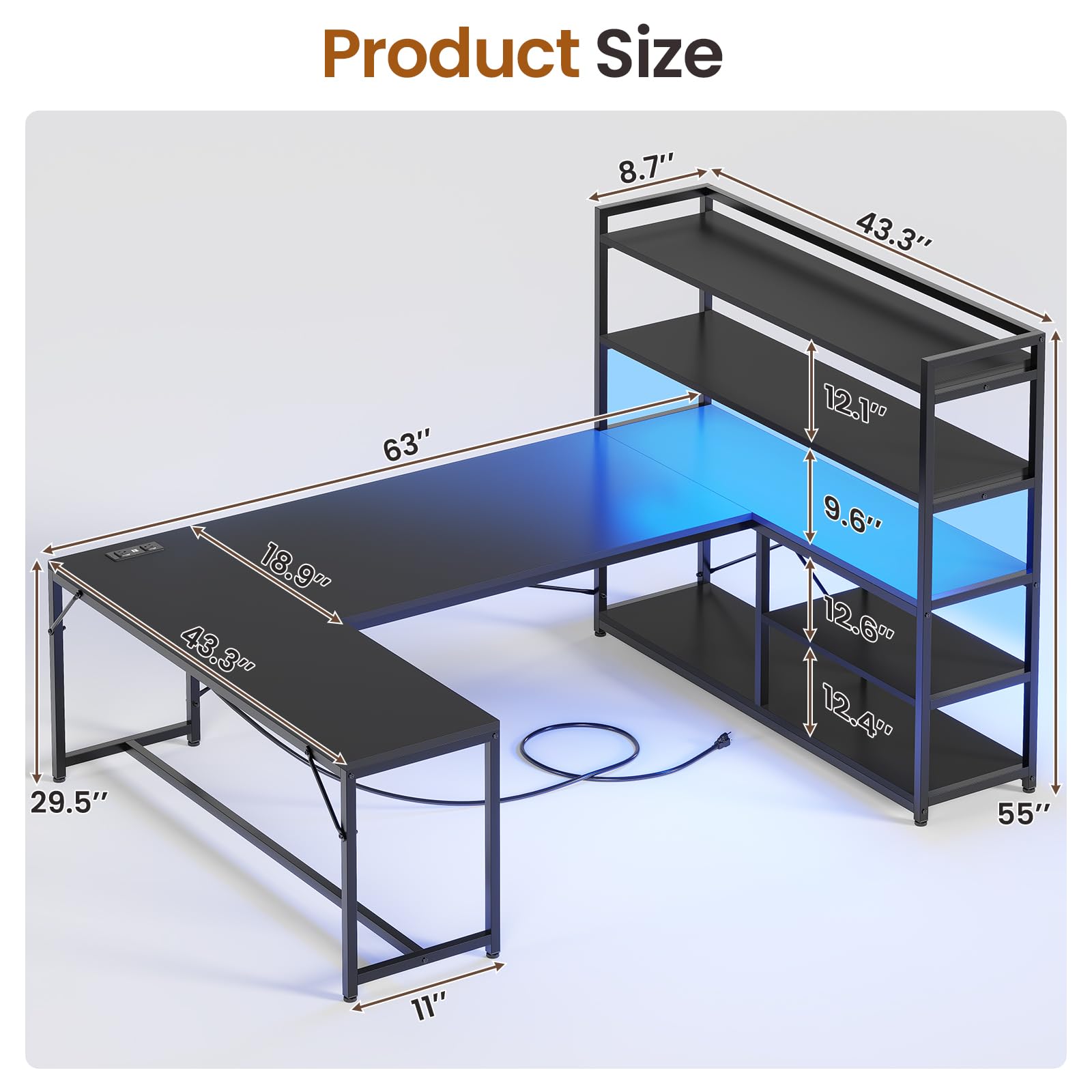 L-Shaped Gaming Desk with LED Lights & Storage Shelves