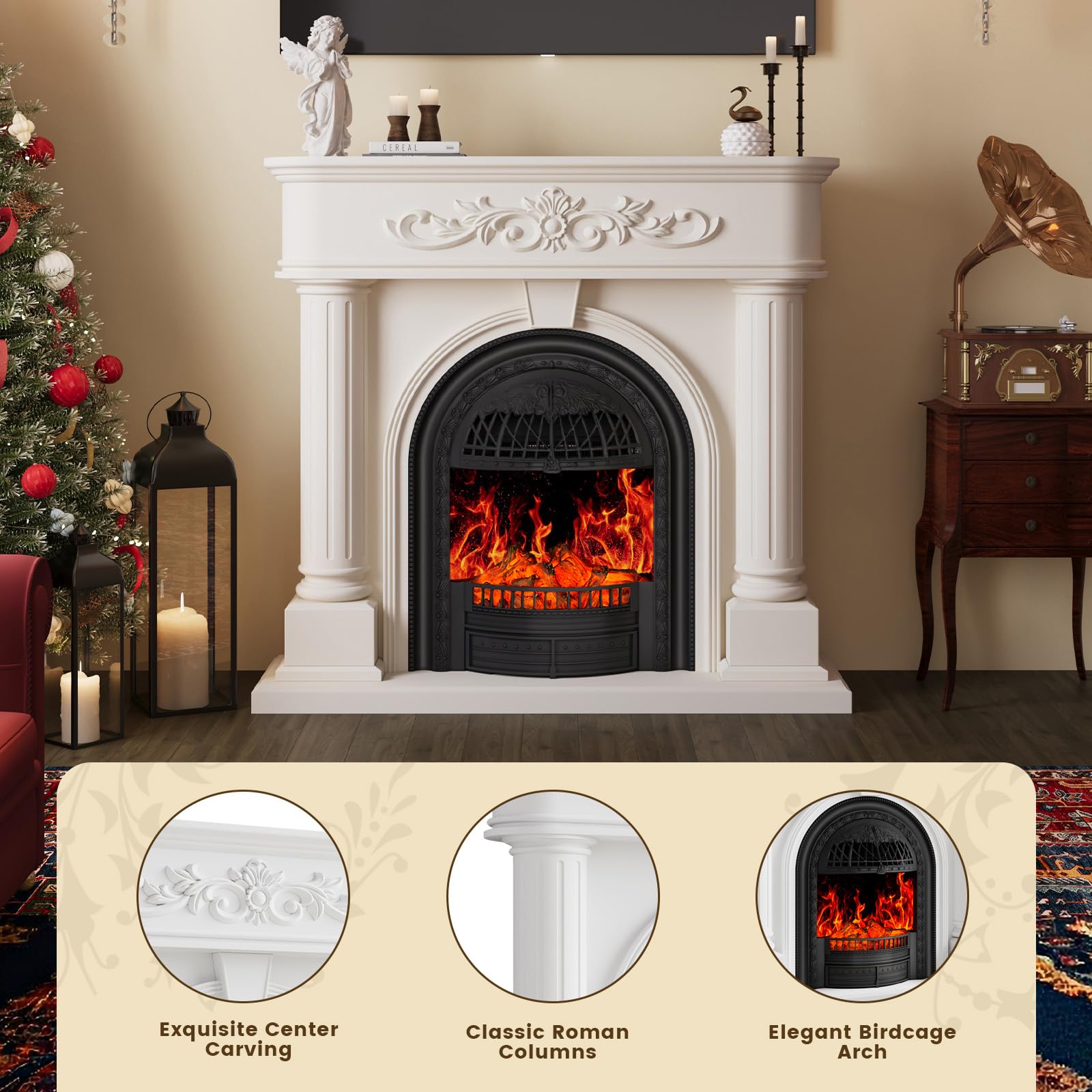 50” Solid Wood Electric Fireplace with Mantel, White Roman Column TV Stand with Black Arched Birdcage Heater Insert, Elegant Fireplace for Living Room, Bedroom & Entryway