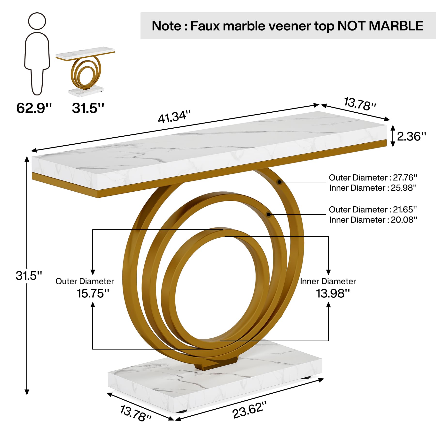 Tribesigns 41-Inch Gold Entryway Table, Modern Console Table Narrow Long, Contemporary Accent Table for Living Room, Hallway, Entrance, Faux Marble Veener Top