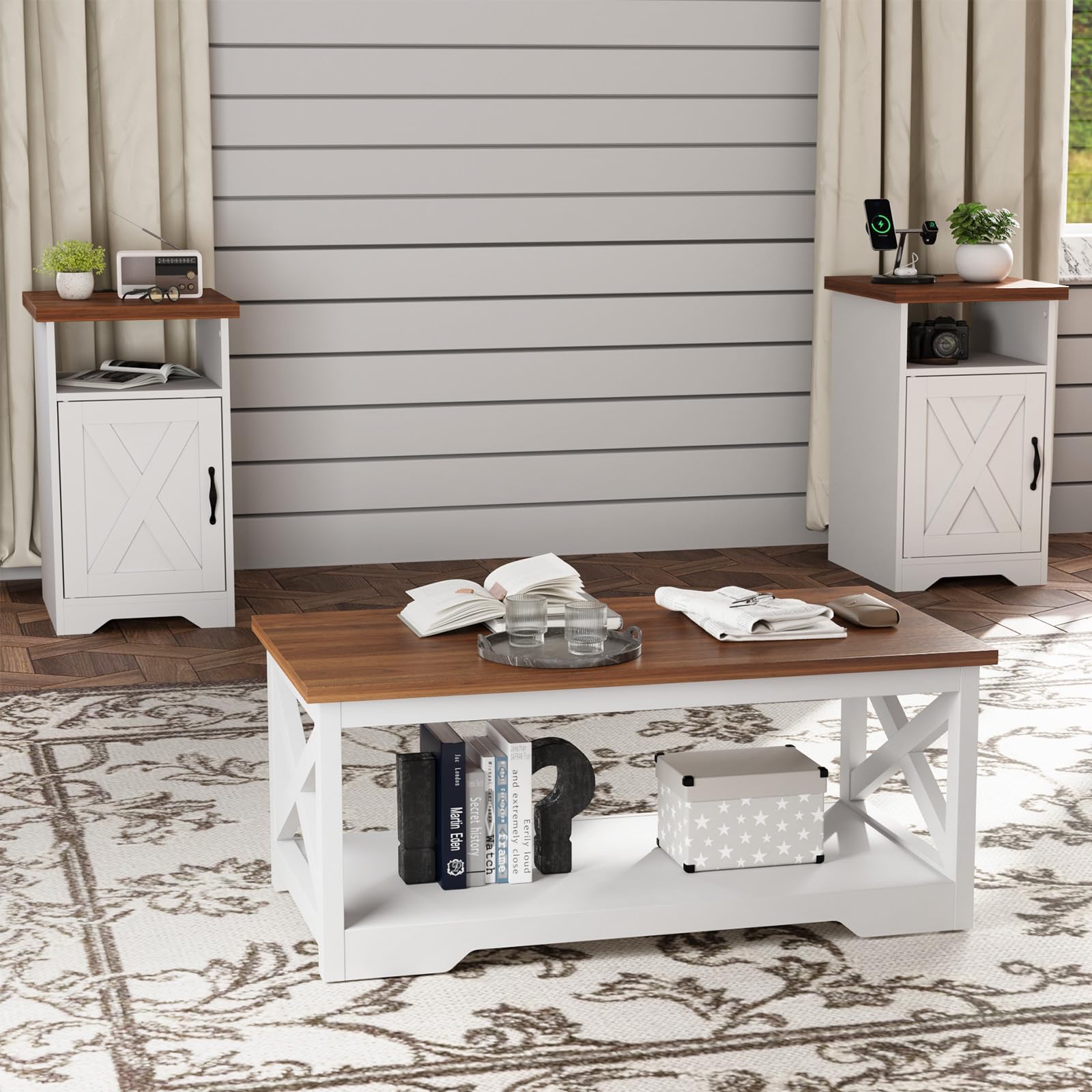 Farmhouse Coffee & End Table Set of 3 with Charging Station