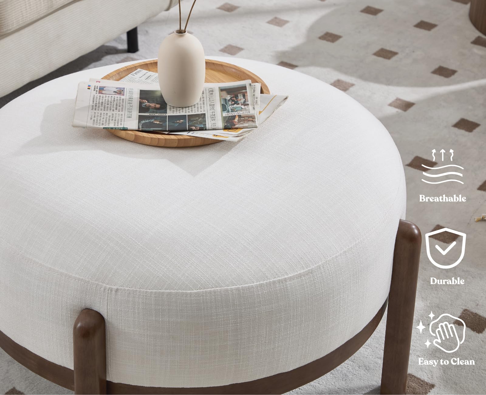 Round Upholstered Ottoman with Wood Legs