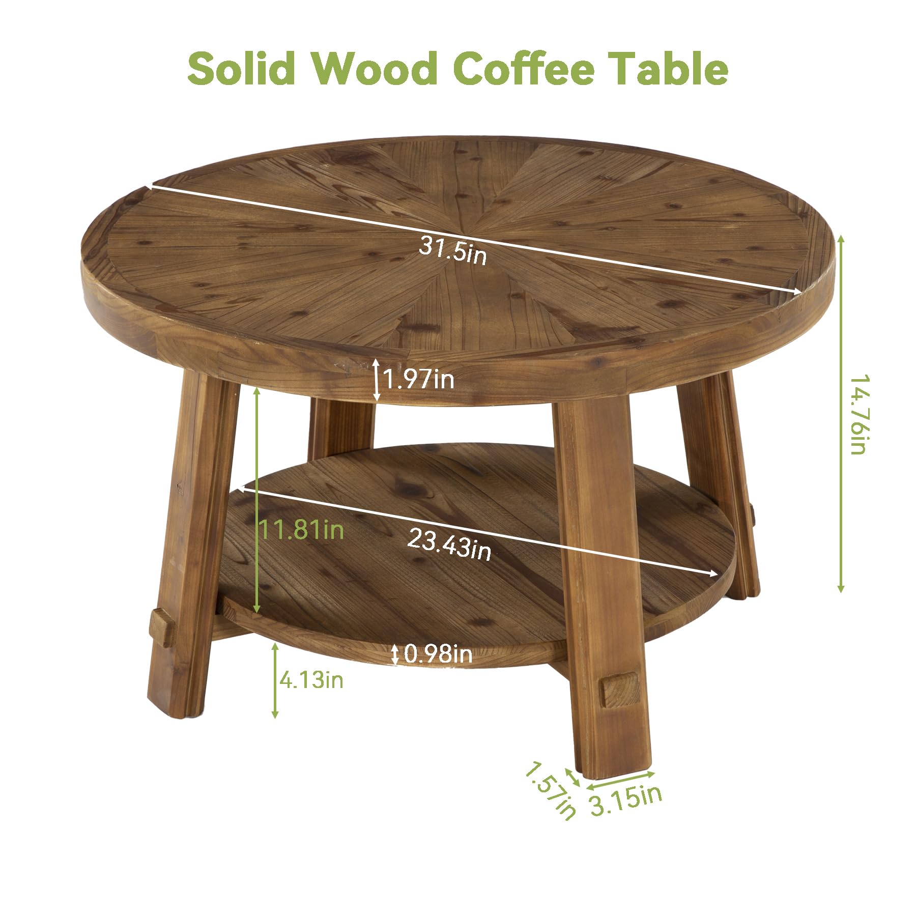 LITTLE TREE Solid Wood Coffee Table with Storage, 2-Tier Farmhouse Round Coffee Table for Living Room, Easy Assembly (Rustic Wood Color)