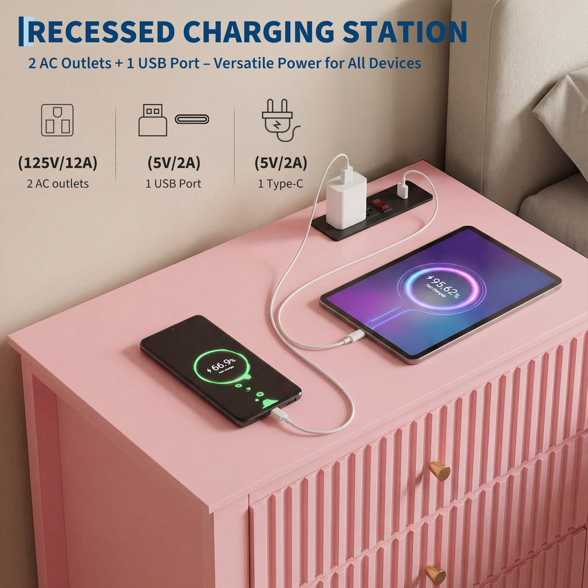 Fluted Nightstand with Charging Station