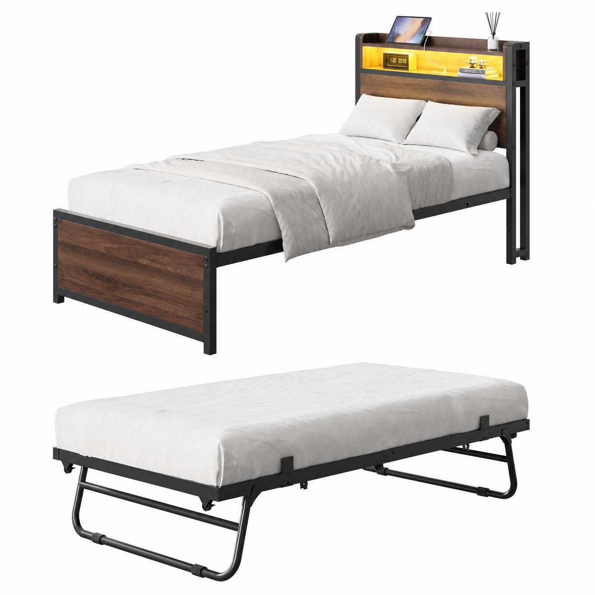 LIKIMIO  Twin Daybed with Trundle, LED Lights and Charging Station