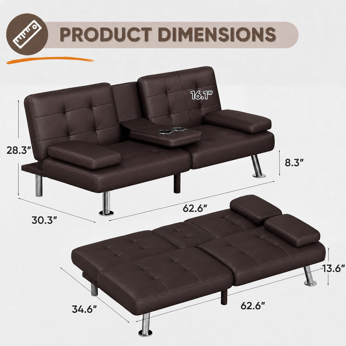 Flamaker Futon Sofa Bed, Modern Faux Leather Convertible Folding Futon Set
