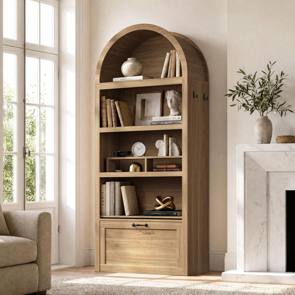 Arched Bookcase with Rolling Storage Bench