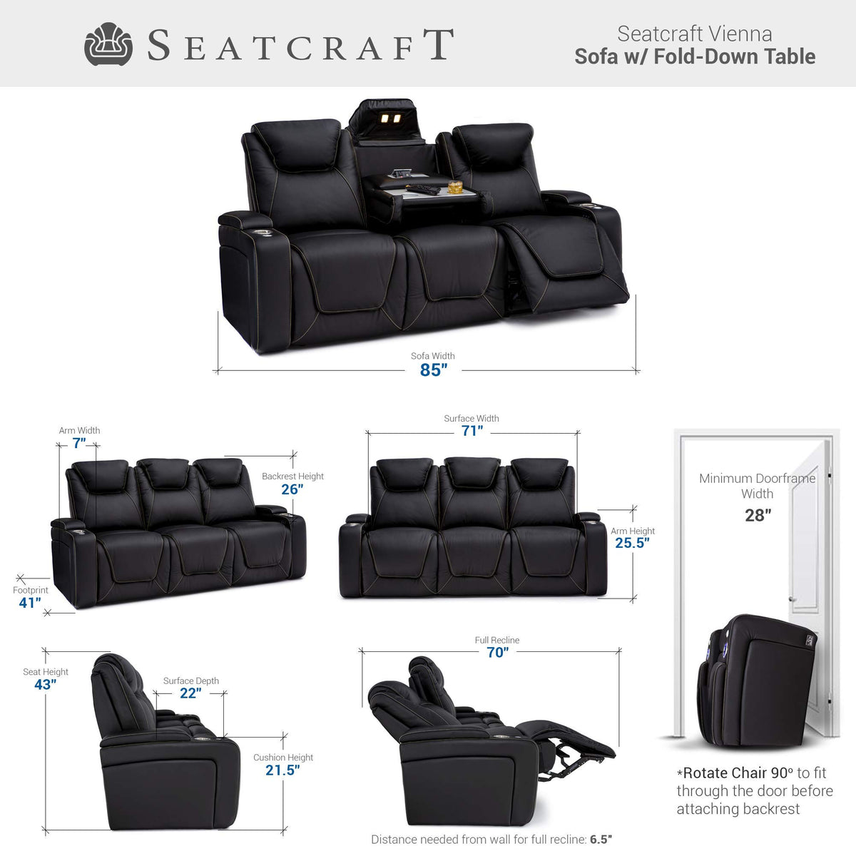 Seatcraft Vienna Home Theater Seating Black Sofa with Fold Down Table
