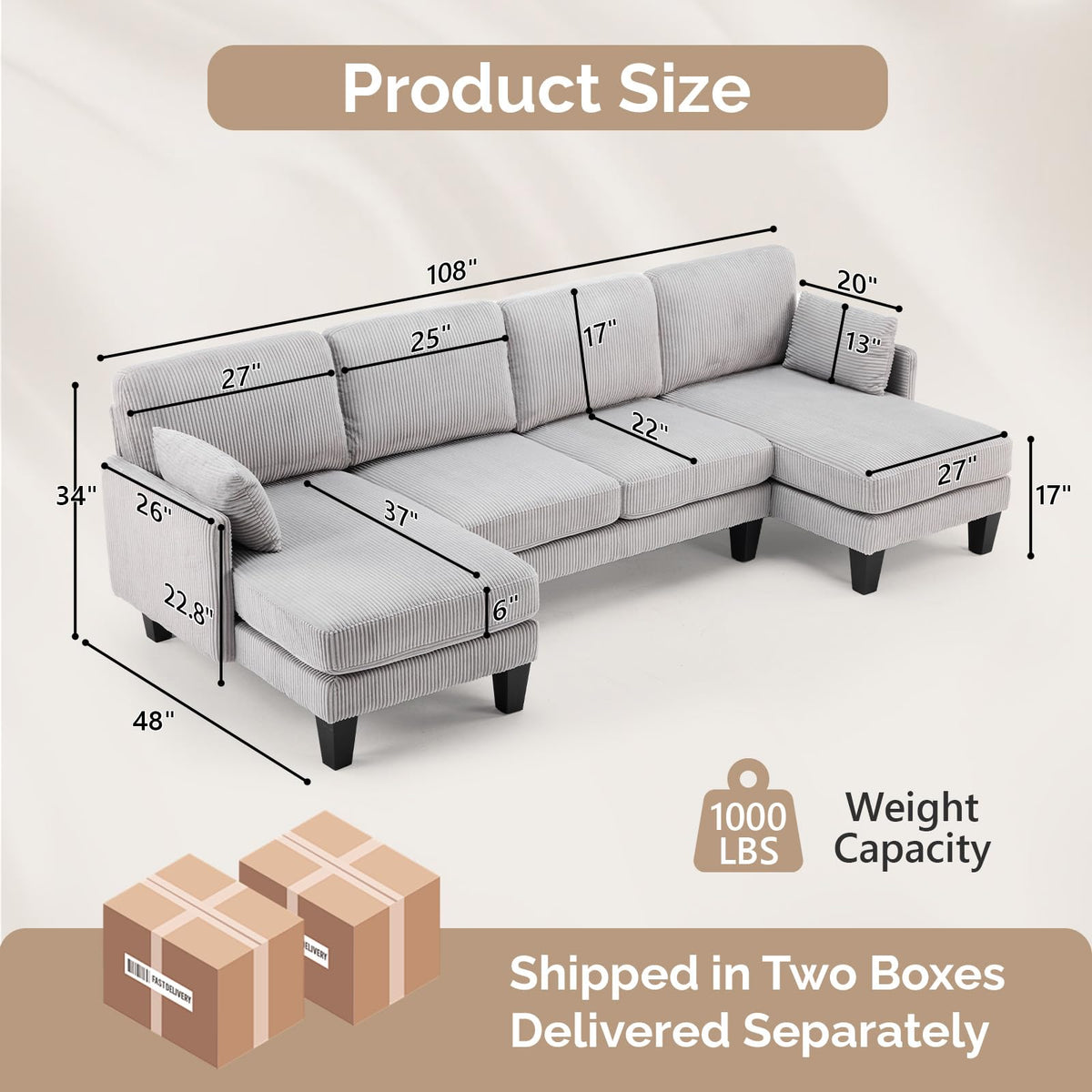 U-Shaped Corduroy Sectional Sofa