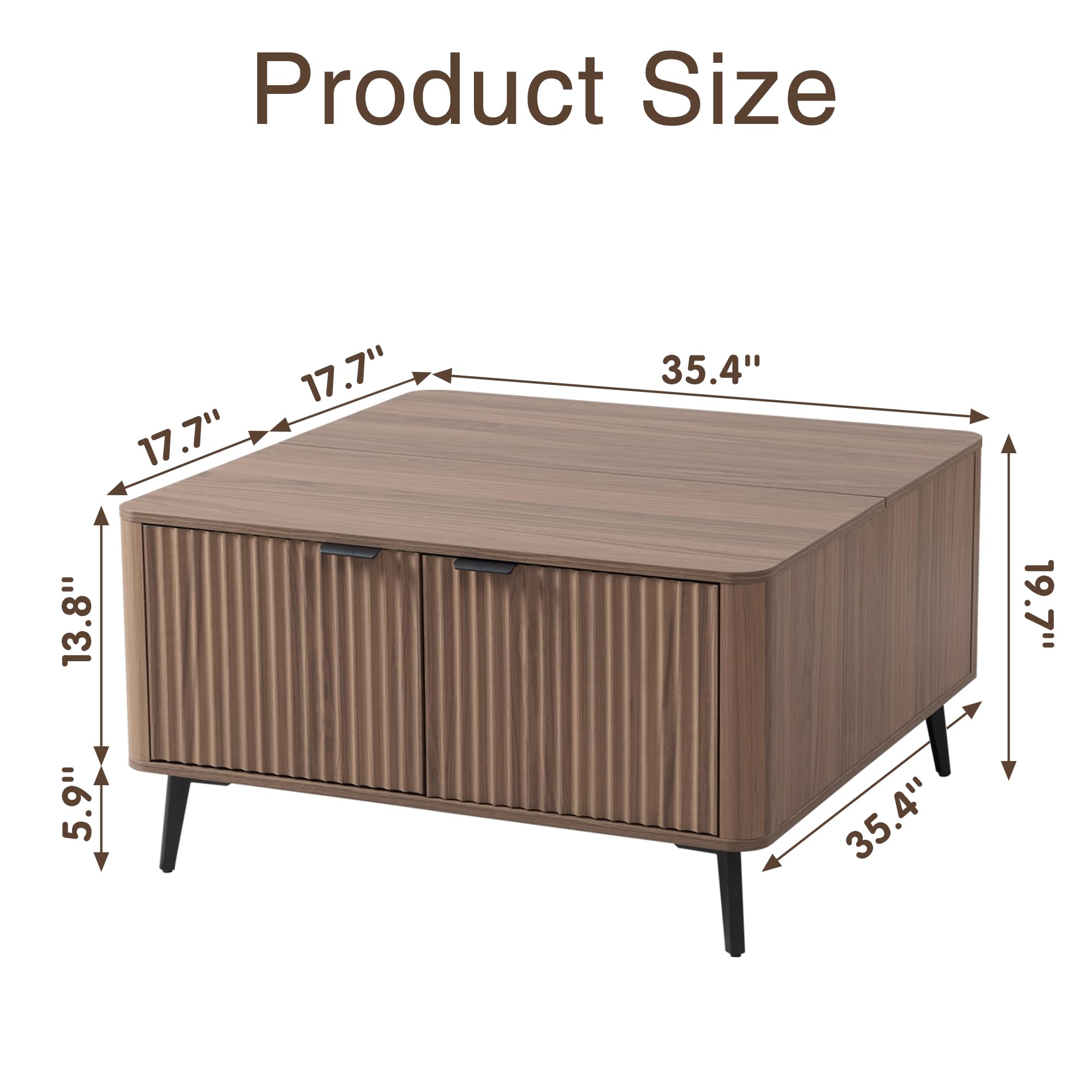 Fatmok Large Lift Top Coffee Table with Hidden Compartment, 35.4" Wide Oversized Square Coffee Table with Storage, Mid Century Modern Fluted Center Table for Home Living Room, Brown