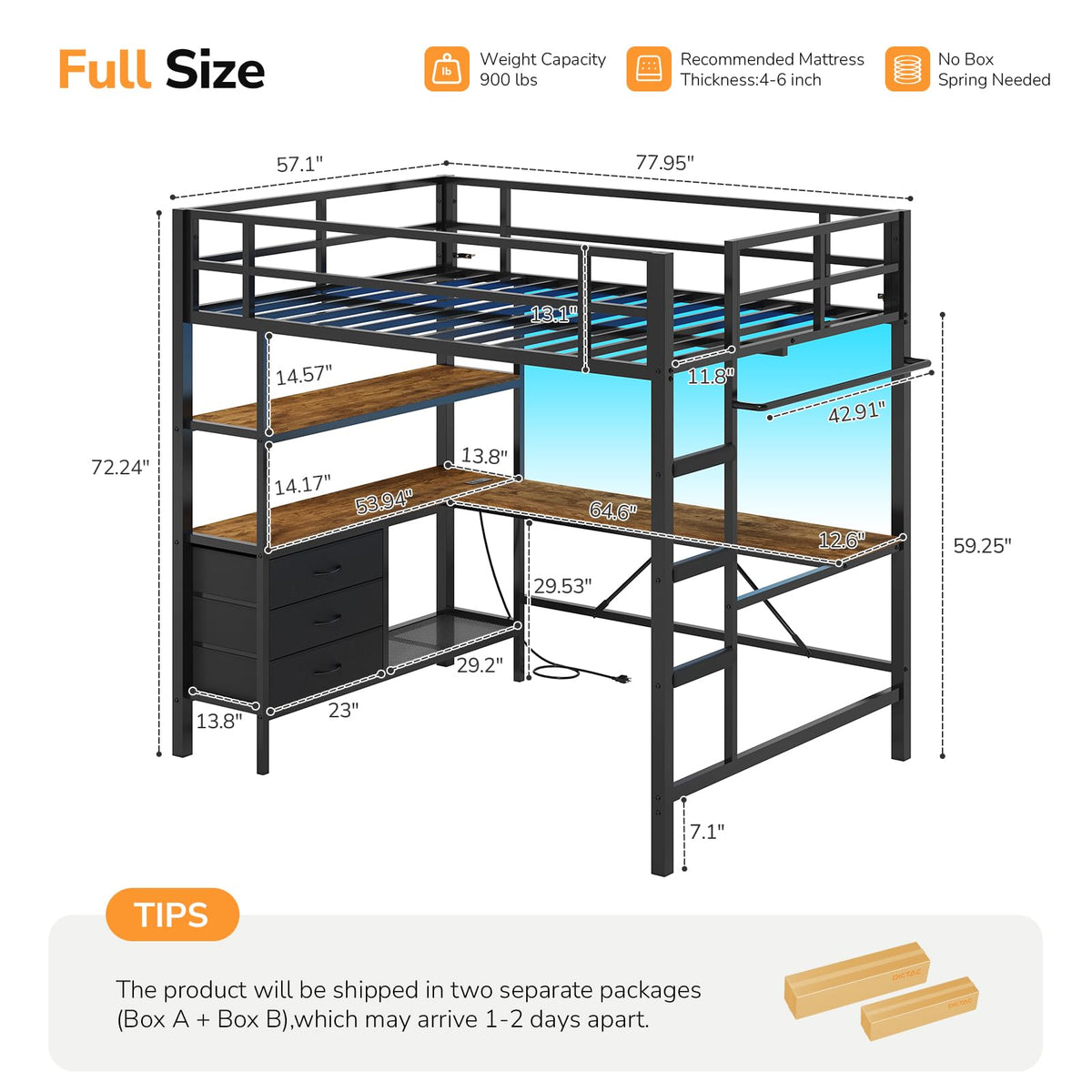 Metal Loft Bed with Desk & Storage