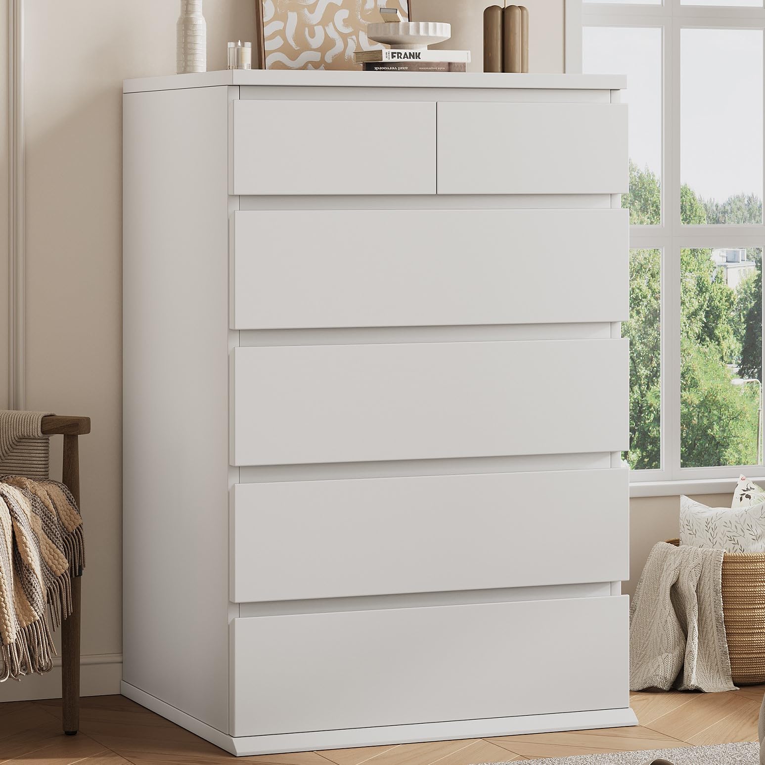 Jocoevol White Tall 6 Drawer Dresser for Bedroom,Dressers & Chests of Drawers with Jewelry Storage,Wood Storage Dresser with Deep Drawers for Living Room Hallway Entryway(40.75" L*23.62" W*15.75")