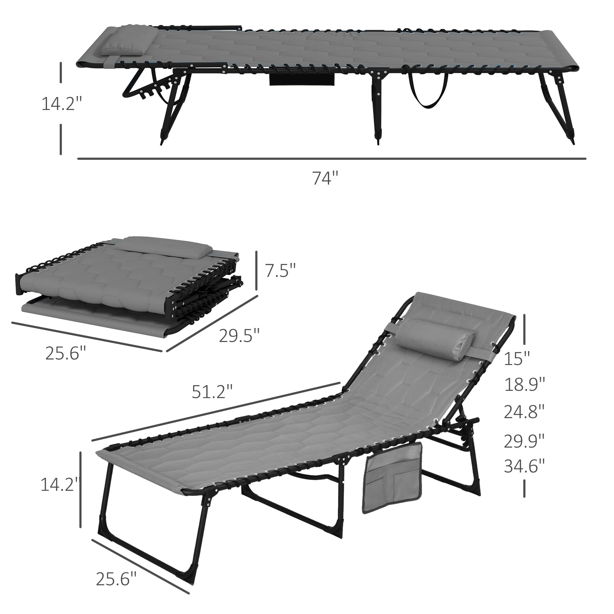 Folding Chaise Lounge Chair Set of 2, 5-Level Reclining with Headrest & Side Pocket