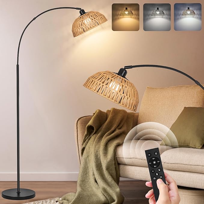 Rattan Floor Lamp with Remote & Dimmable Bulb