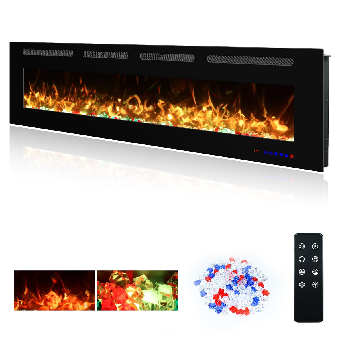 Vinemount 72" Electric Fireplace Insert Ultra-Thin, Recessed & Wall Mounted, Fireplace Heater with Adjustable Flame & Fuel Bed Color, 5 Flame Speeds & Brightness, 750/1500W, Timer