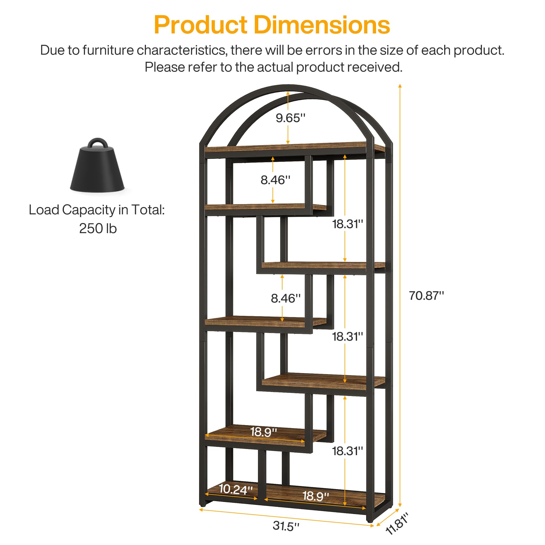 71" Arched Bookshelf 7-Shelf Industrial Etagere