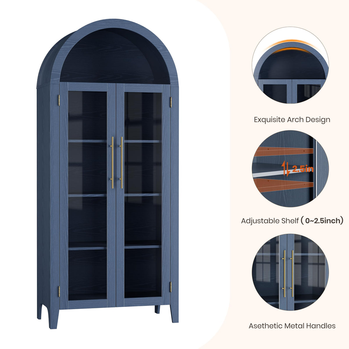 GarveeHome Arched Kitchen Pantry Cabinet - Farmhouse 5 Tier Display Shelf with Adjustable Shelf and 2 Large Glass Doors, Versatile Storage Cupboard for Kitchen, Dining Room, Living Room, Night Blue