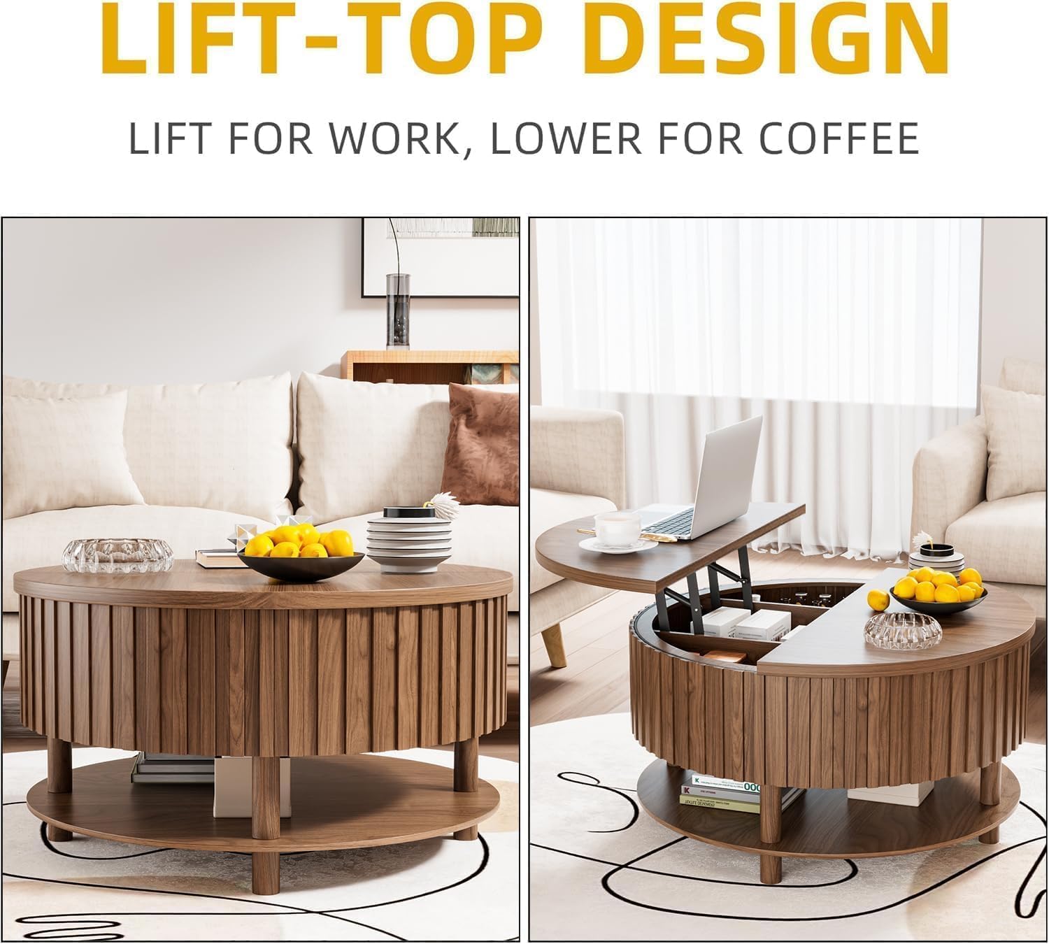 Limaoaio Round Lift Top Coffee Table with Storage, Mid Century Modern 2-Tier Circle Coffee Table with Hidden Compartment & Open Shelf, Fluted Wood Center Table for Living Room, Walnut