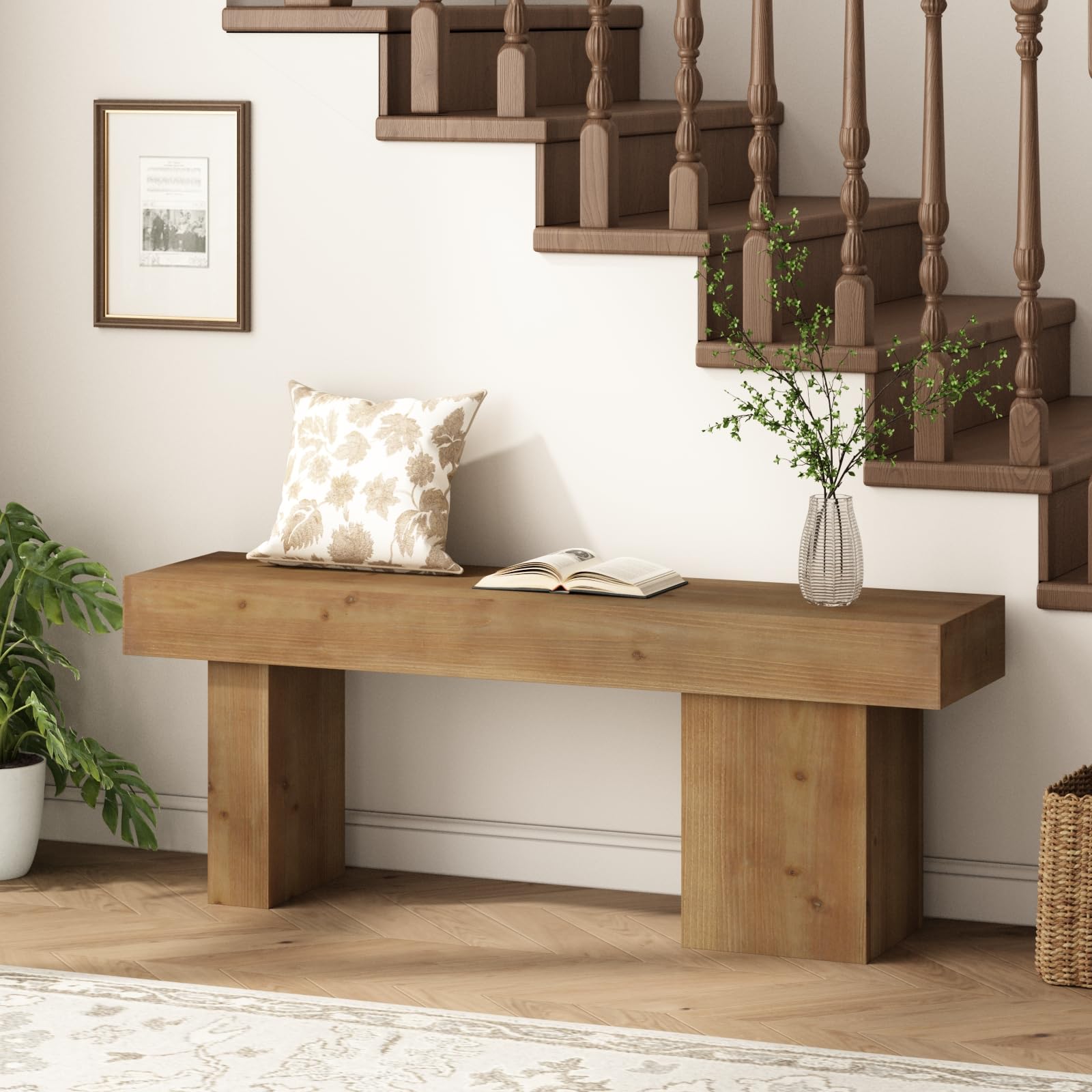 Solid Wood Farmhouse Entryway Bench, 47.3"