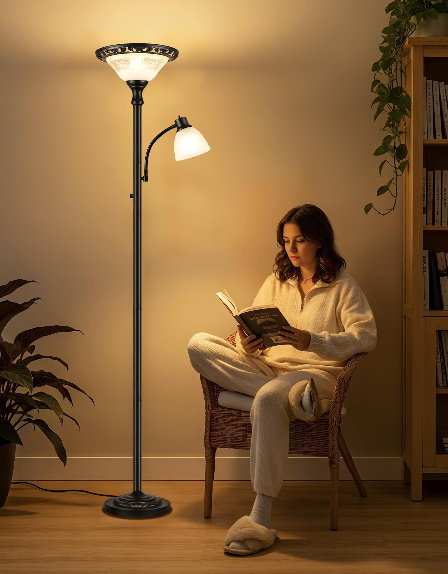 Torchiere Floor Lamps for Living Room, 71" Tall Standing Lamp with Thick Glass Shade, Metal Pole & Heavy Base, Vintage Corner Lamp with Reading Light Home Decor for Bedroom Office, 3CCT Bulb Included