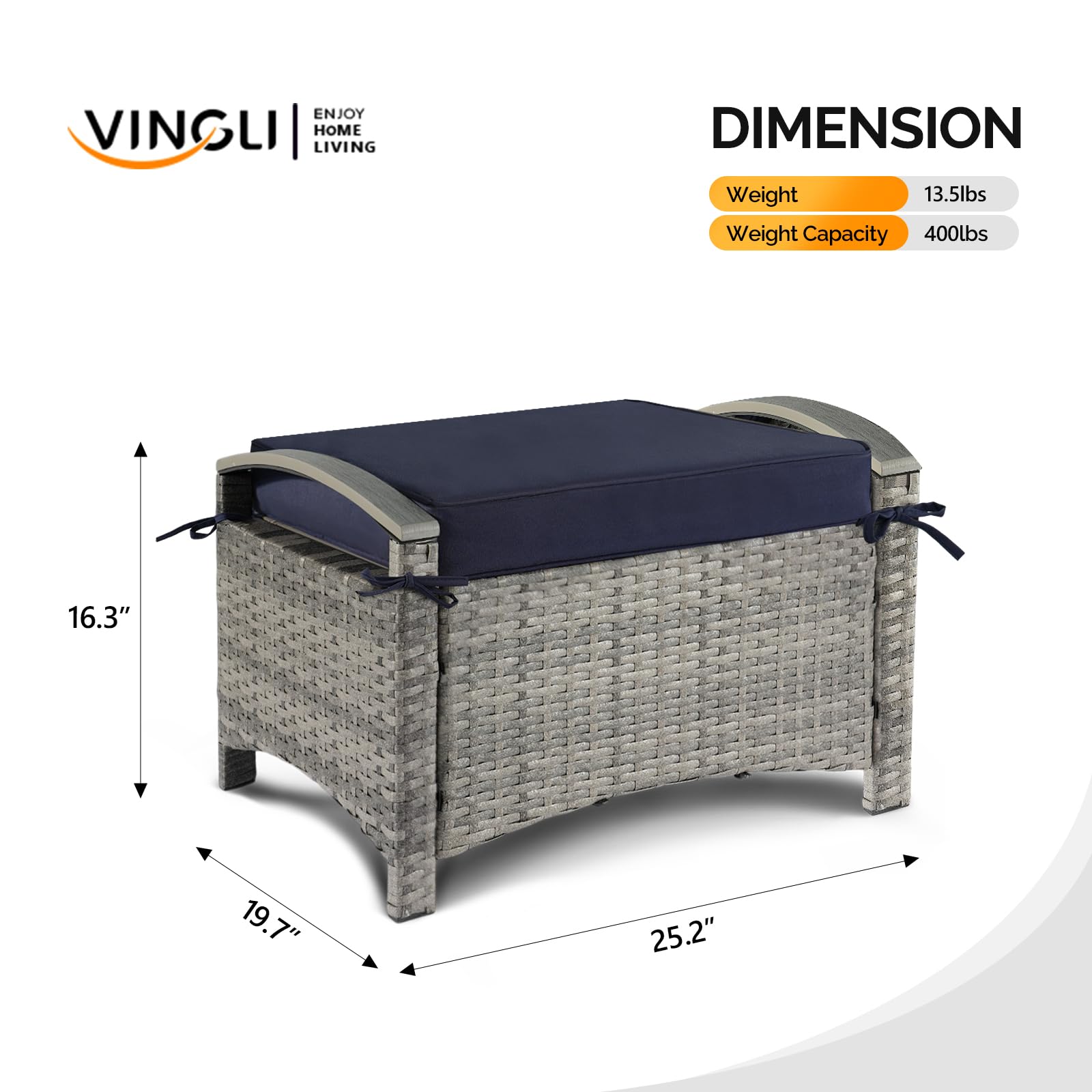 Wicker Outdoor Ottoman with Removable Cushion – PE Rattan, 400 lb Capacity
