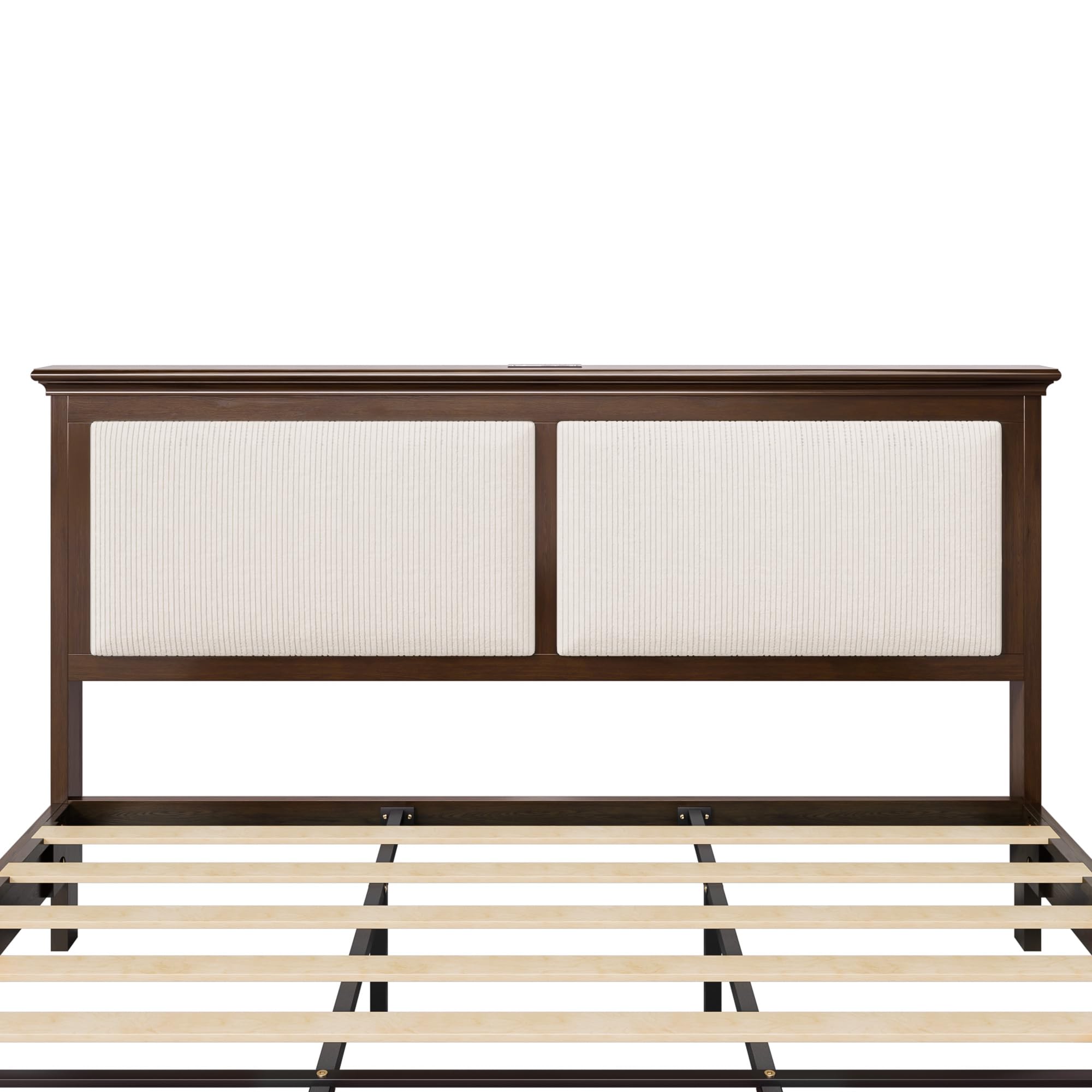 Lifezone Queen Bed Frame with Headboard, Solid Wood Bed Frame Queen Size with Charging Station & RGB LED, Wood Slats Support, Noise-Free, Sturdy Structure, Easy Assembly, Walnut