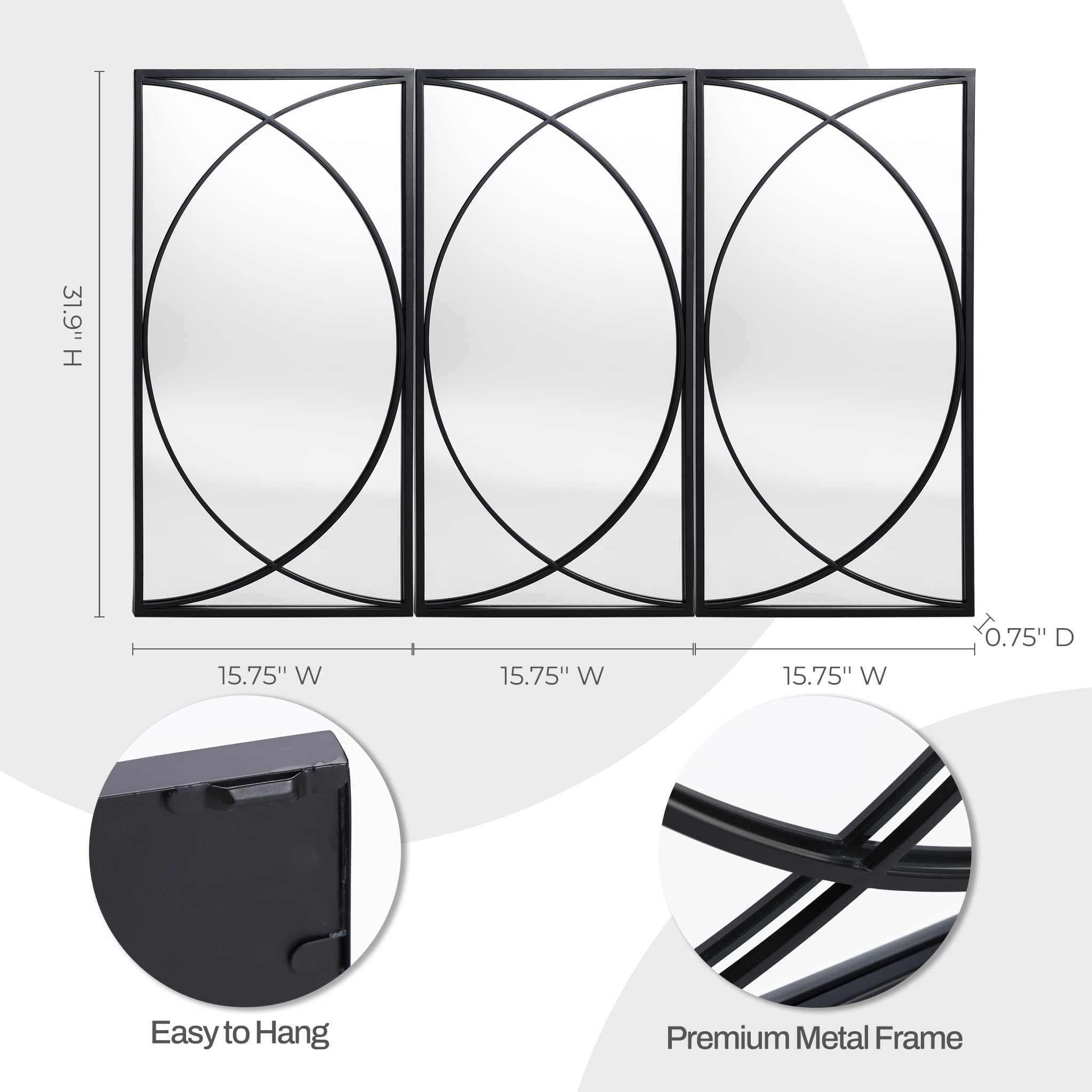 3-Piece Black Metal Wall Mirror Set