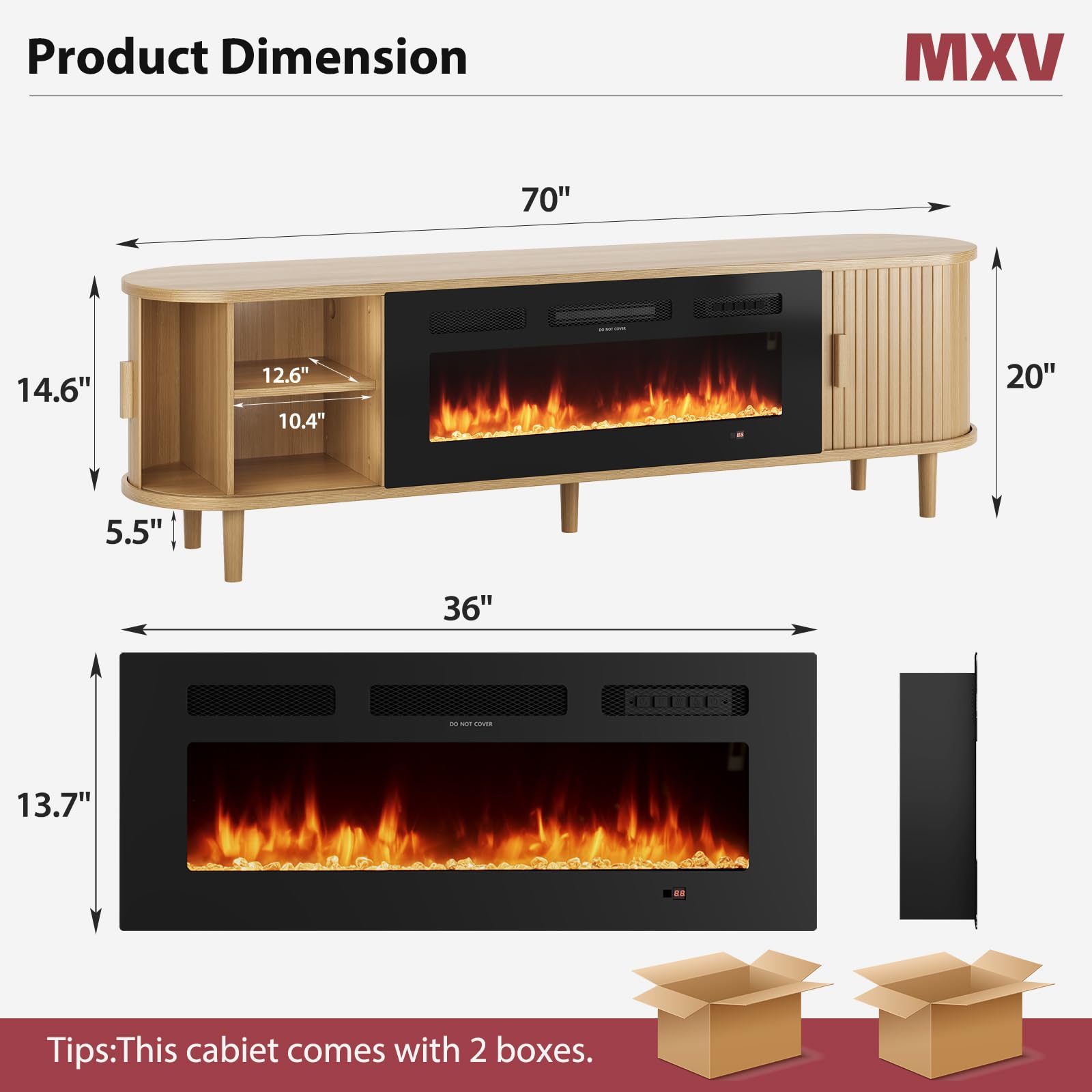 70" Fluted Fireplace TV Stand with Sliding Door