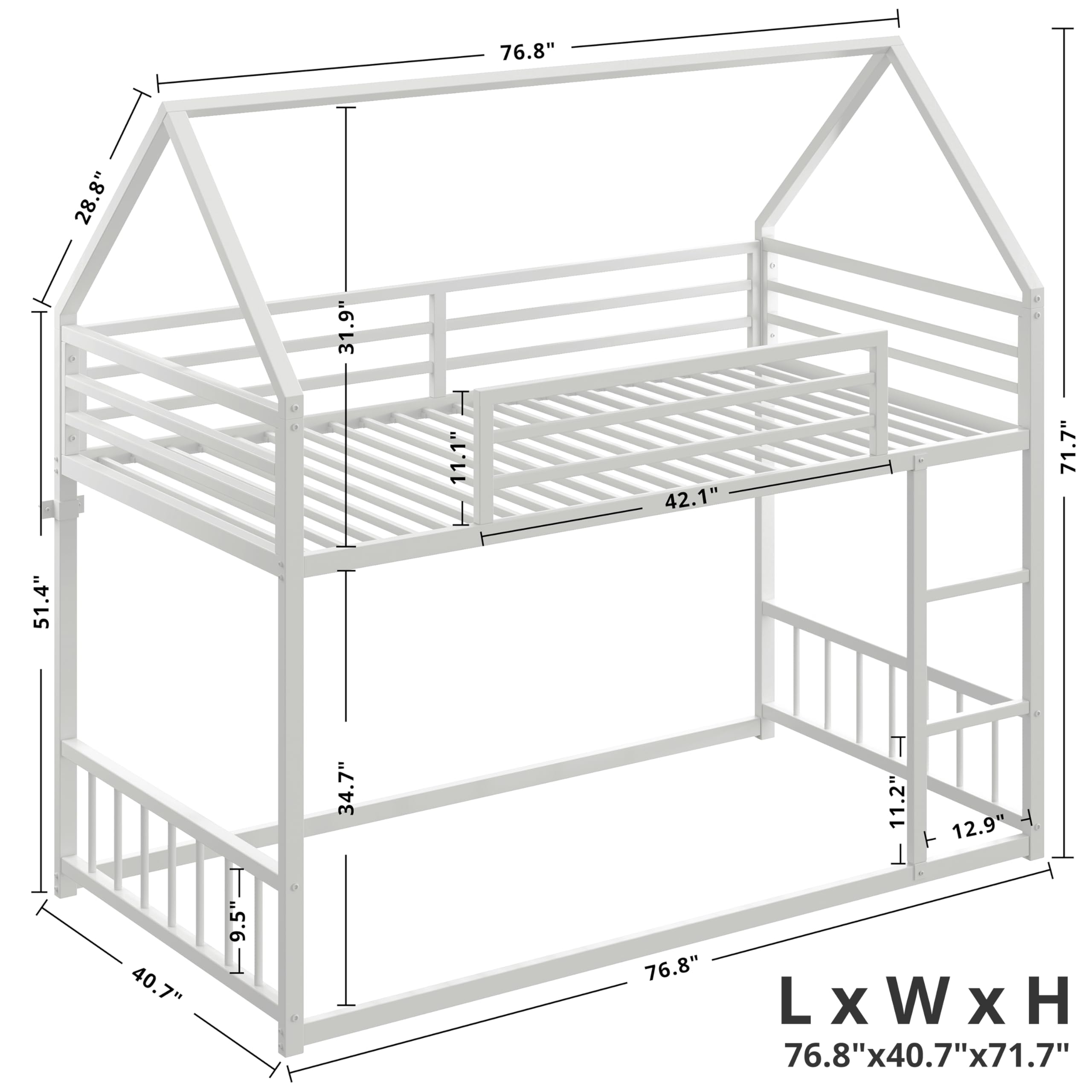 Twin Over Twin House Bunk Bed with Ladder & Guardrail