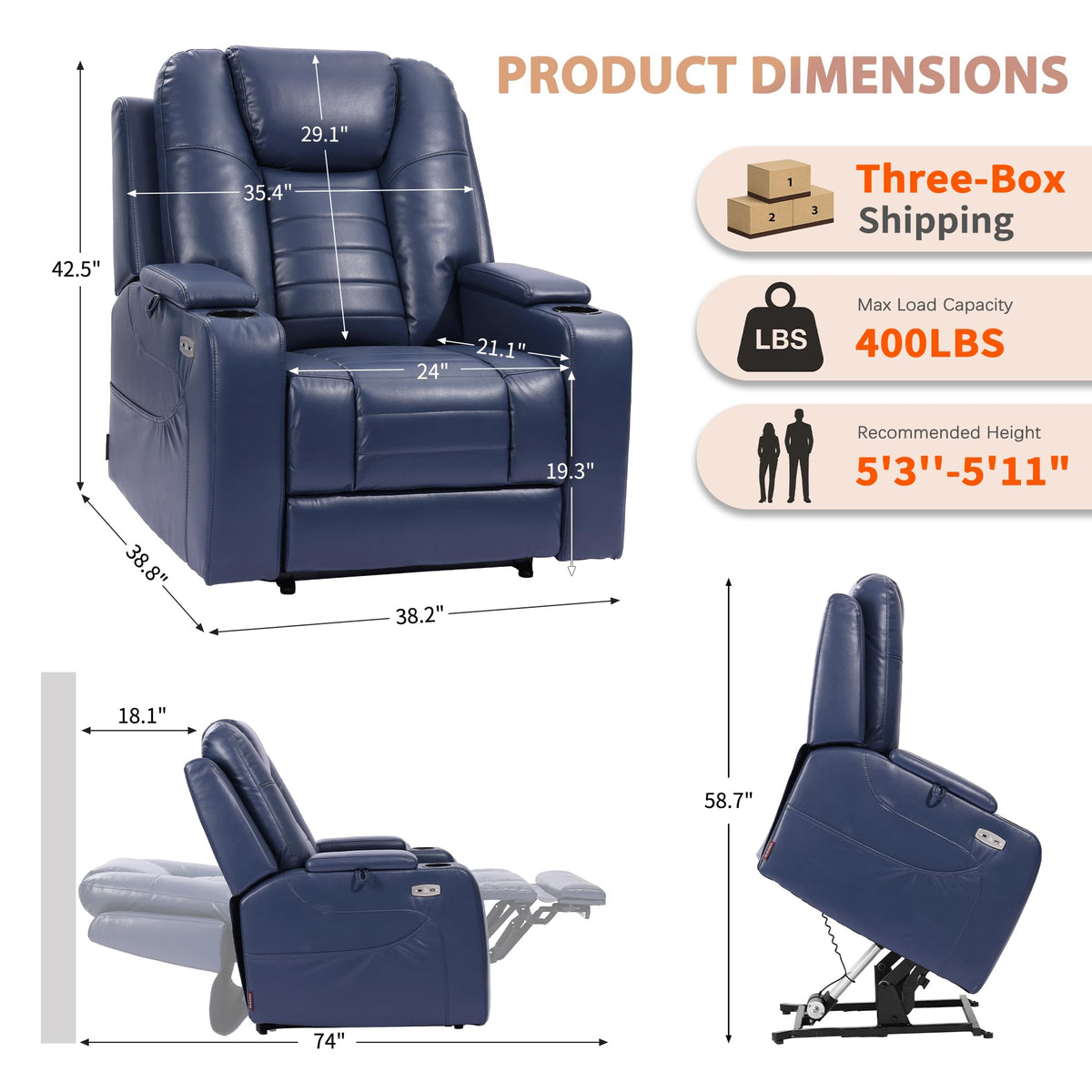EONIX Large Triple Motor Power Lift Recliner Chair for Elderly, Navy Blue