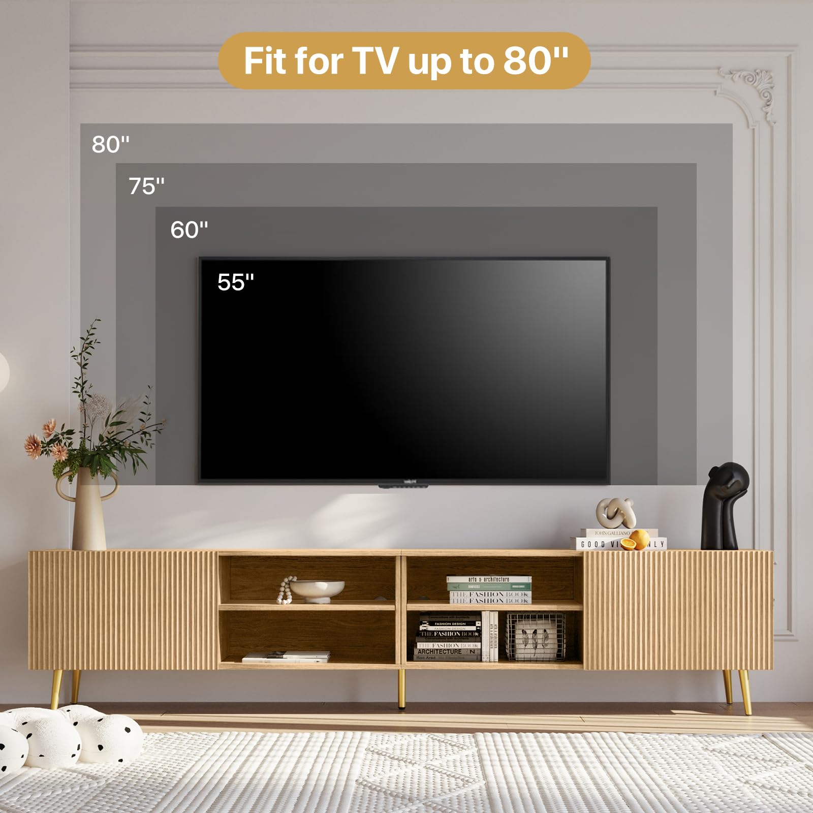 86" Modern TV Stand with Fluted Doors & Adjustable Shelves