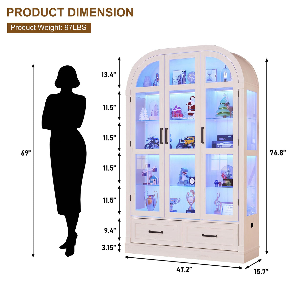 74" Arched Display Cabinet with Glass Doors and Drawers,Motion Sensor 3-Color Lights,Glass Curio Cabinet,5-Tier Showcase for Collectibles,Action Figures,Living Room,Trophy,Books(Antique White)
