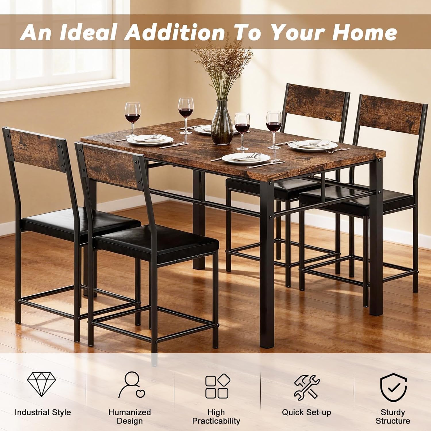 Viugex 5-Piece Dining Table Set for 4, Modern Wooden Kitchen Table with Upholstered Chairs, Space-Saving Rectangle Dining Room Table for Small Space, Dinette, Apartment, Easy to Assemble, Rustic Brown