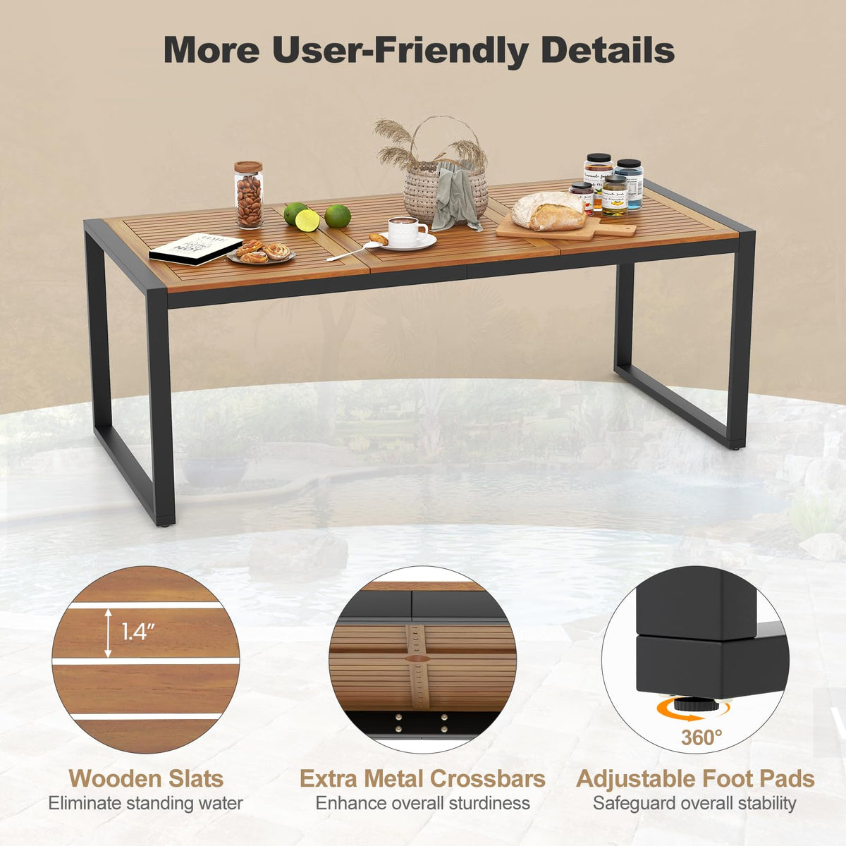 Tangkula 79 Inches Acacia Wood Outdoor Dining Table for 8, Large Rectangular Patio Table with 1.9" Umbrella Hole, Heavy Duty Metal Legs & Adjustable Foot Pads, Outside Table for Patio, Garden, Yard