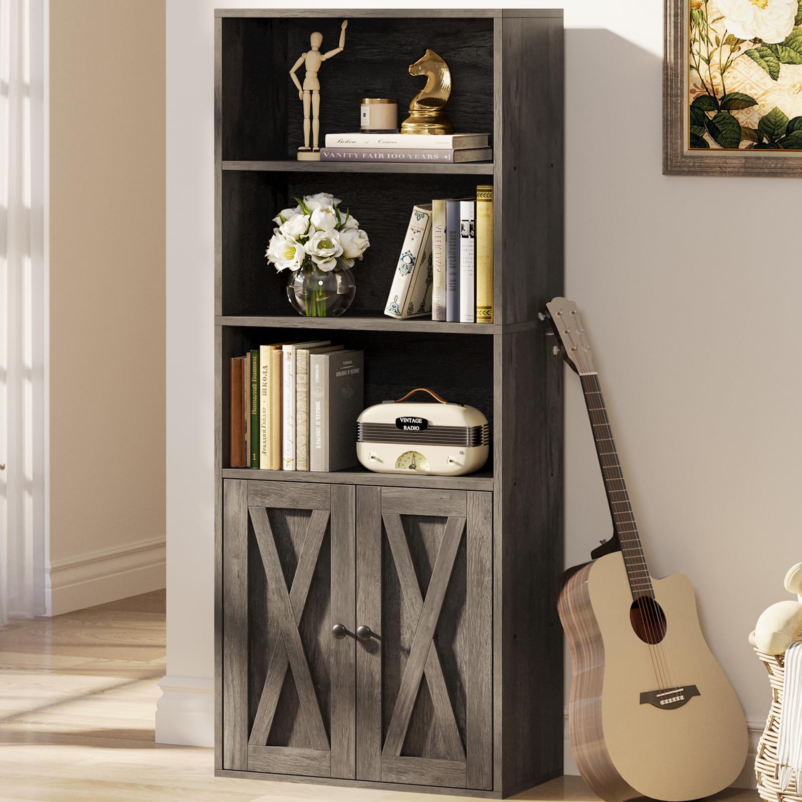 IRONCK 5-Tier Bookshelf, 11.8in Depth Bookcase with Doors Industrial Bookshelf with Storage,Floor Standing Display Storage Shelves for Home Office, Living Room, Industrial White