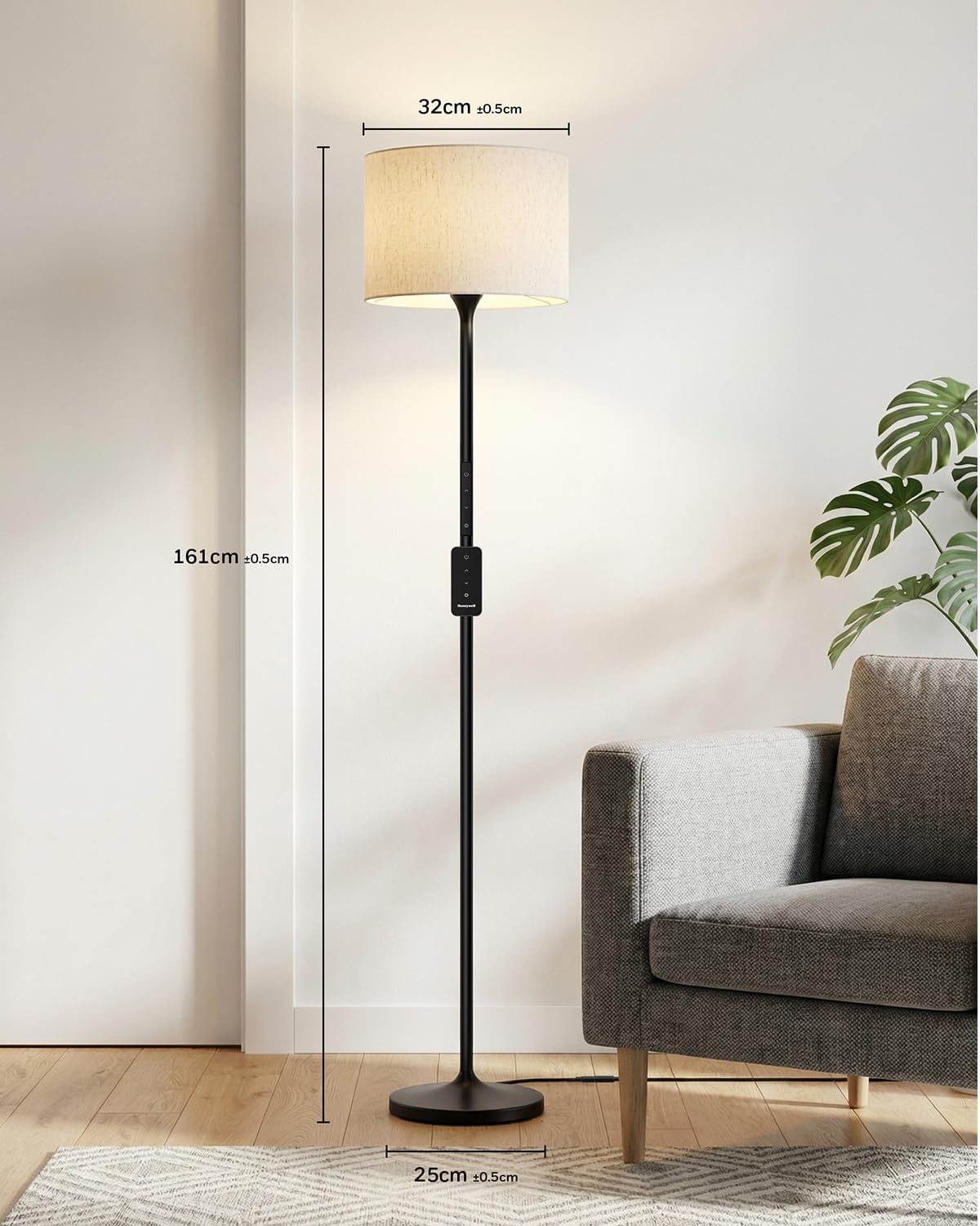 Honeywell F3 Sunturalux™ LED Floor Lamp, CRI≥92 Eye-Care Standing Lamp, Remote & Touch Control, 2700K-5700K Dimmable Tall Lamp with Magnetic Fabric Shade for Living Room Bedroom