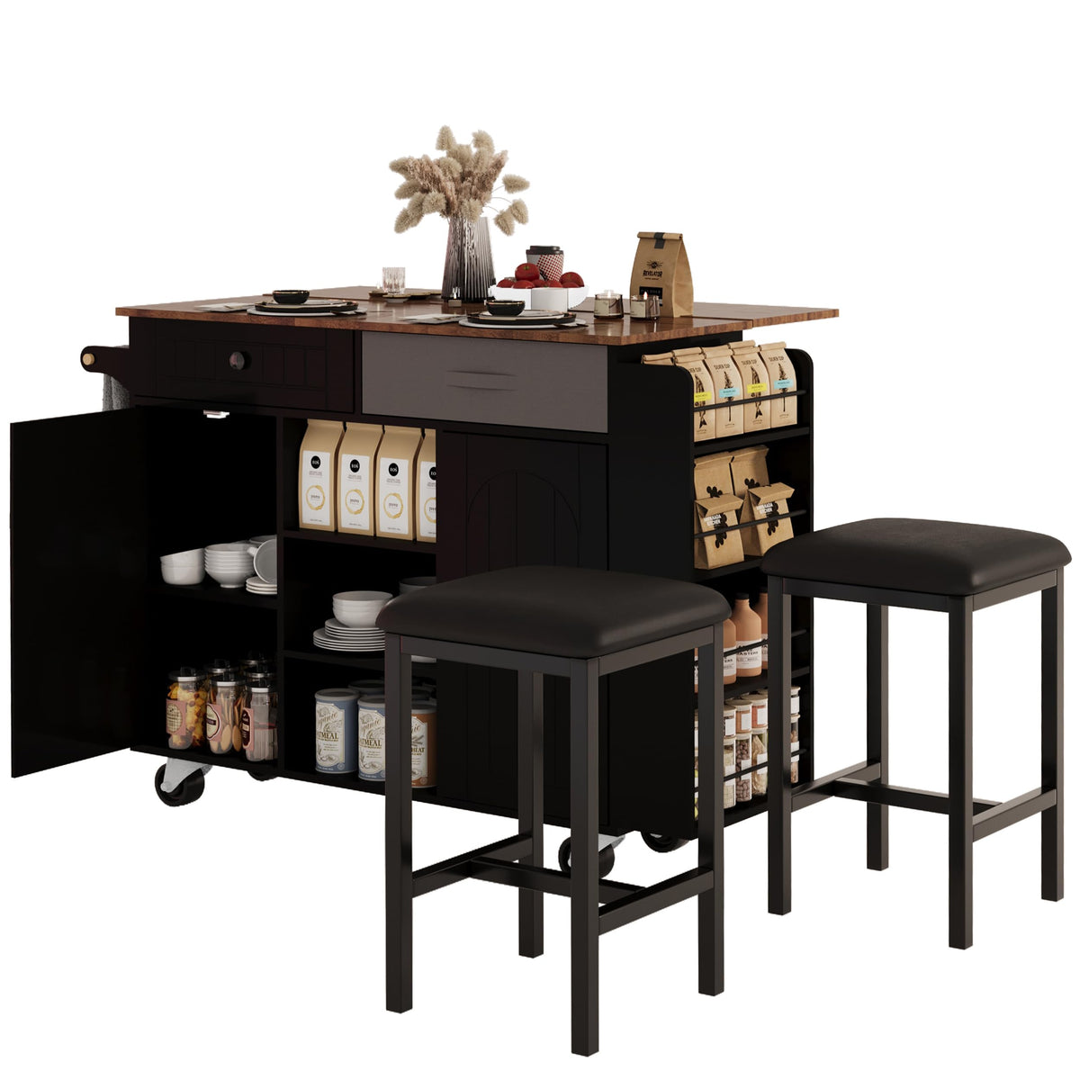 Ncoutaire Rolling Kitchen Island with Storage, Black