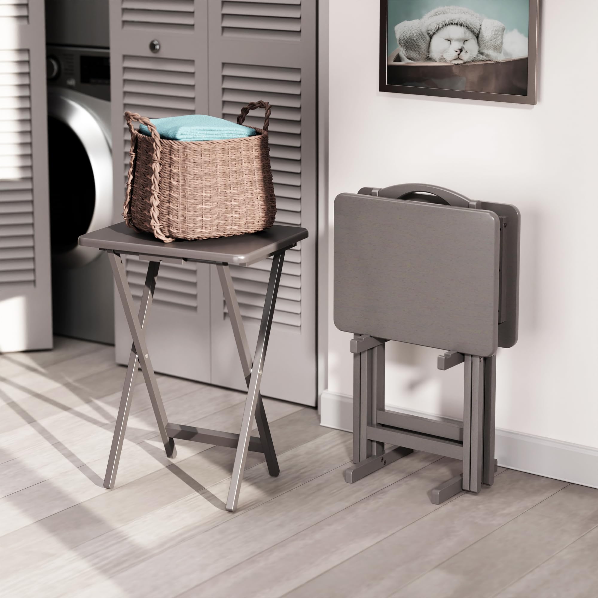Winsome Alex Set of 4 Foldable Snack Tables with Storage Rack, Easy to Store Portable Fold Up Table Set for Kitchen, Living Room TV Dining, Crafts, Puzzles, Work from Home